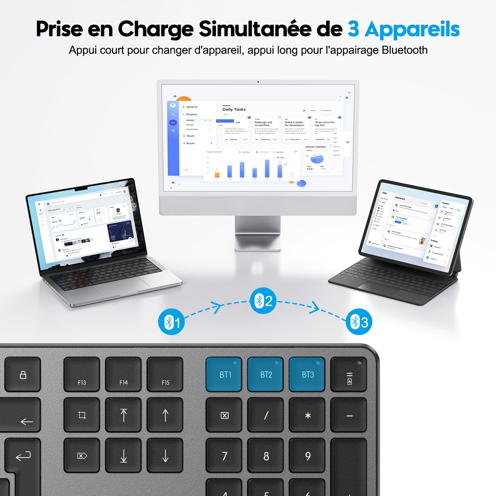 OMOTON Clavier Bluetooth pour Mac, Clavier sans Fil Rechargeable Multi-dispositifs avec 3 Canaux Bluetooth pour Apple Mac Pro/Mini, MacBook Pro/Air, iMac Pro, AZERTY Français, Gris Foncé