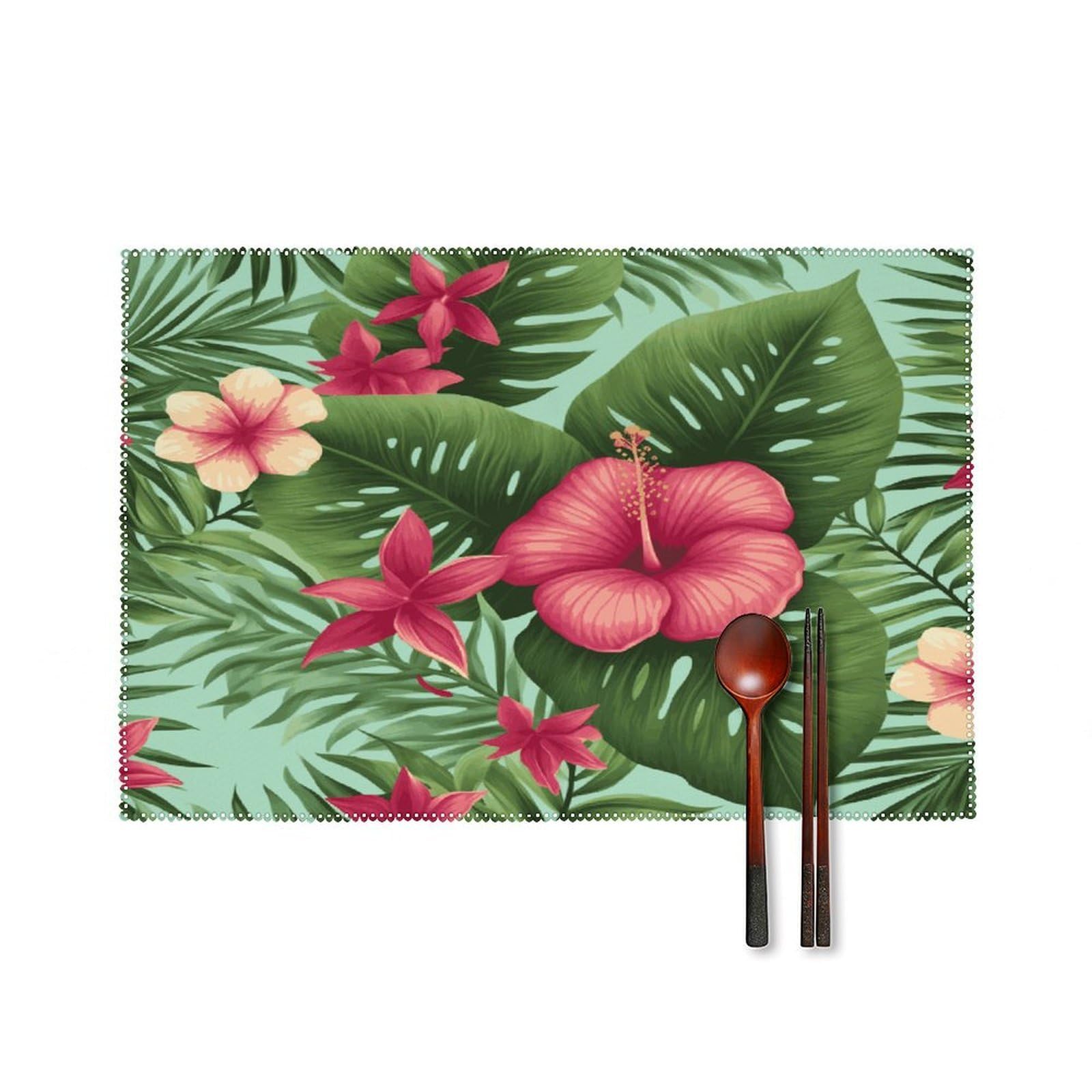 Btcowzrv Style Hawaiian Tropical Leaves Flowers Canvas Placemats Set Of 6, Wipeable Washable Place Mats For Indoor & Outdoor, Table Mat Decor For Kitchen Dining Party