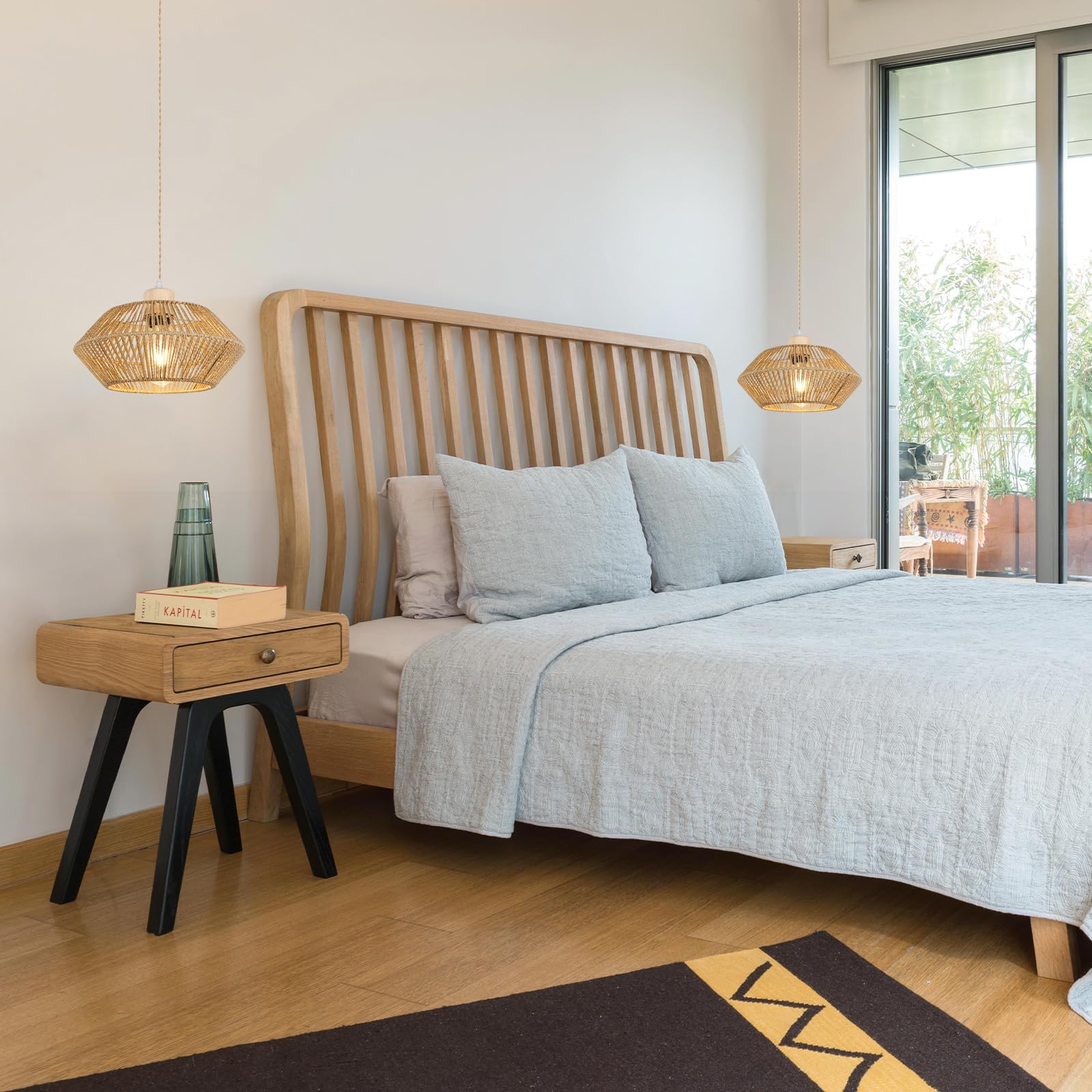 LynPon Boho Pendelleuchte Rattan Korbgeflecht Hängeleuchte Kronleuchter Deckenleuchte Wohnzimmer Schlafzimmer Esszimmer Flur Treppe Küchen Mit Lampenschirm, Ohne E27 Glühbirne