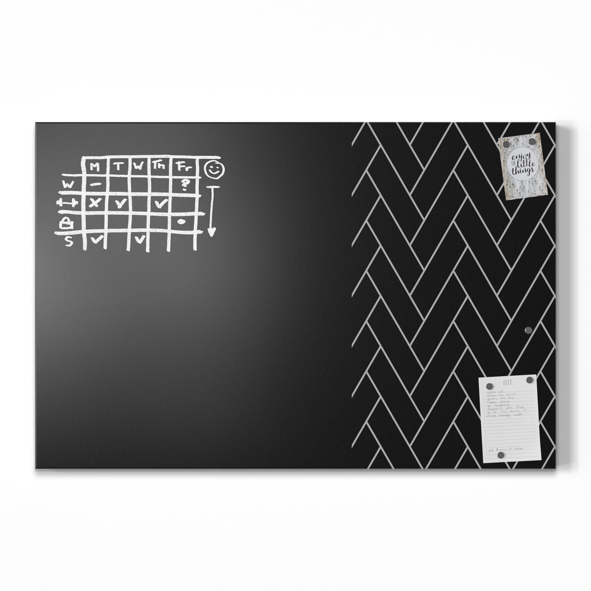 DEQORI Magnetische Kreidetafel mit UV-Druck | Motiv Kontrast im Fischgrät | Design rechteckig 90x60 cm | Kreide Metalltafel beschreibbar – Wanddeko für Küche, Flur, Kinderzimmer & Büro
