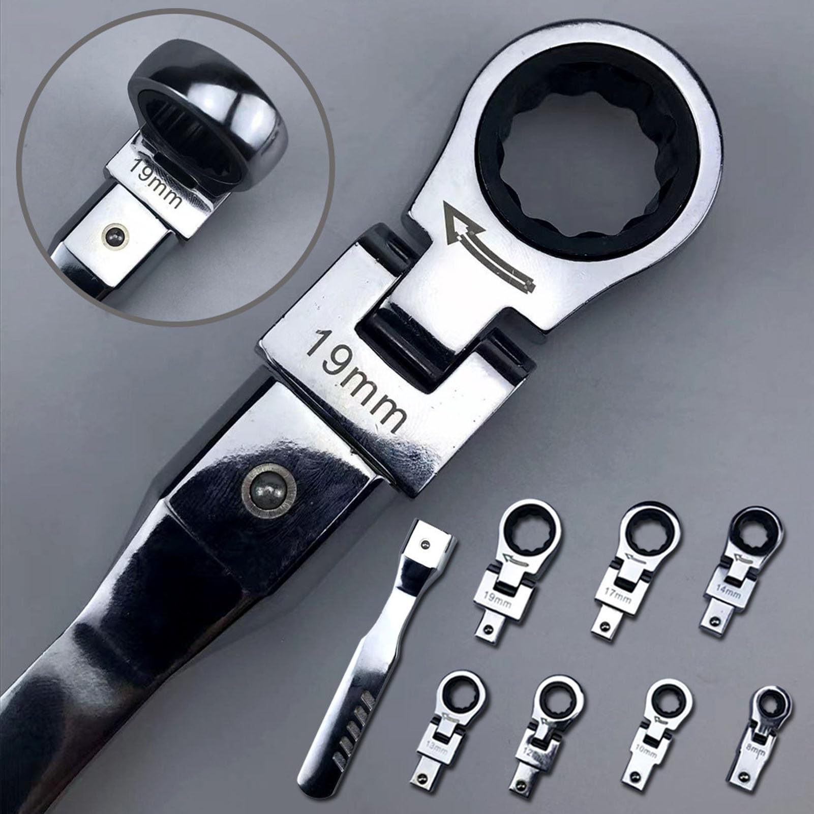 lvifloae 8Pcs Flexible Ratchet Wrench 180° Flex Head Alloy Steel Tool Set Kit for Tubing Maintenance Flexible Ratcheting Open End Wrench Set for Maintenance Replaceable Ratcheting Line Wrench Set - Image 4