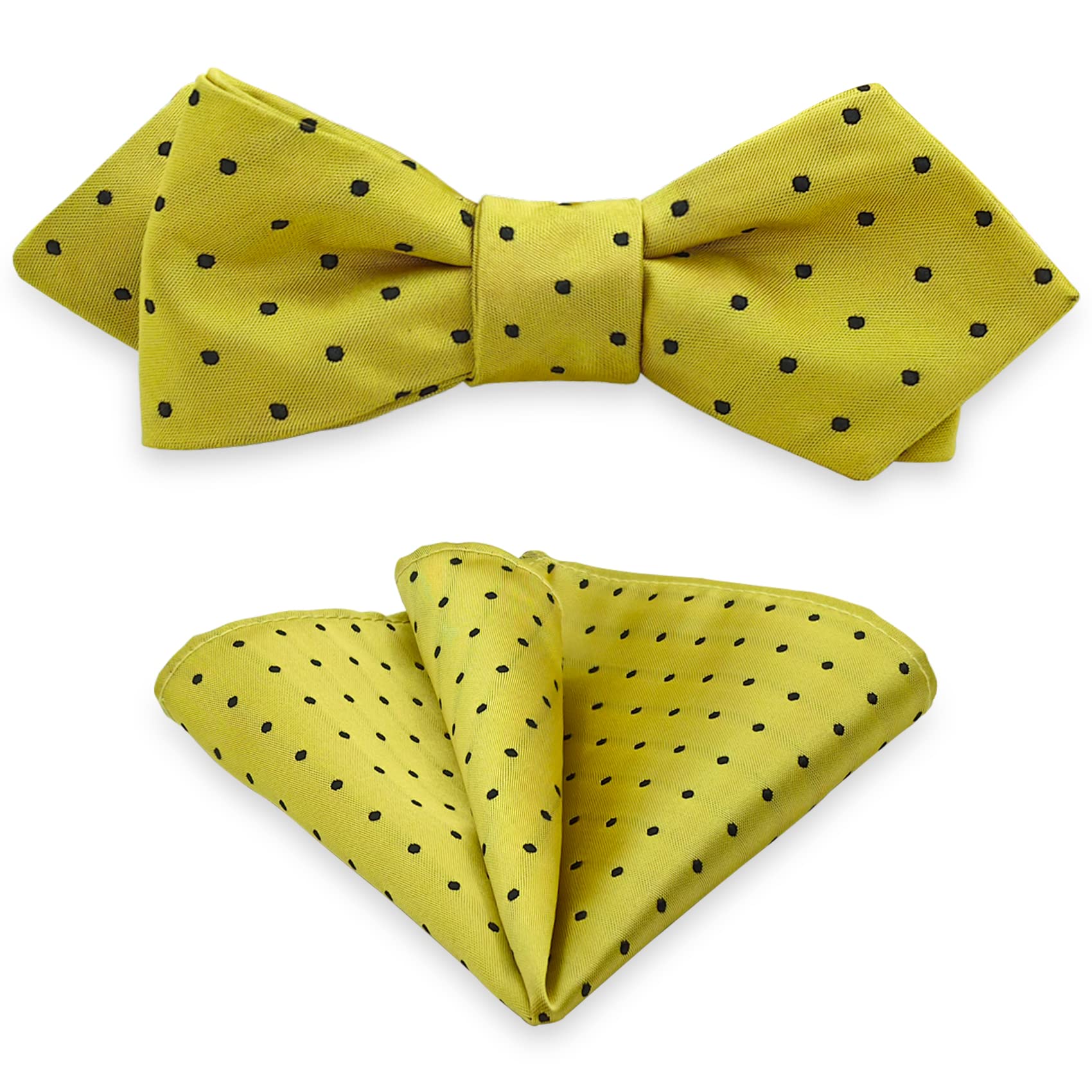 Mens Bow Tie Pocket Square Set, Boy & Men Bowtie with Handkerchief For Formal Tuxedo & Wedding Party & Homecoming M-S-SB2, Golden With Black Polka Dots, One size
