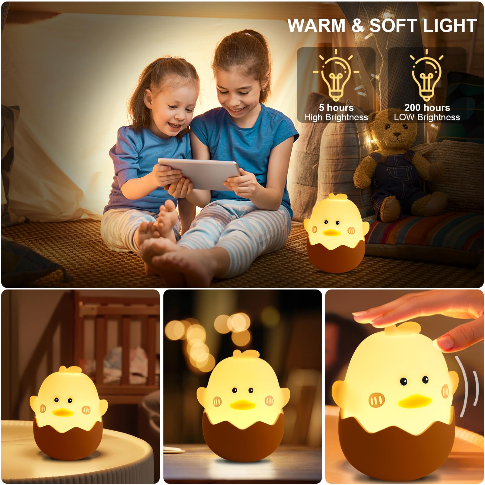 Luce Notturna Per Bambini A Forma Di Pulcino In Silicone – Ricaricabile USB, Dimmerabile Con Tocco, Batteria 1200mAh, Design Anticaduta, Ideale Per Cameretta E Allattamento