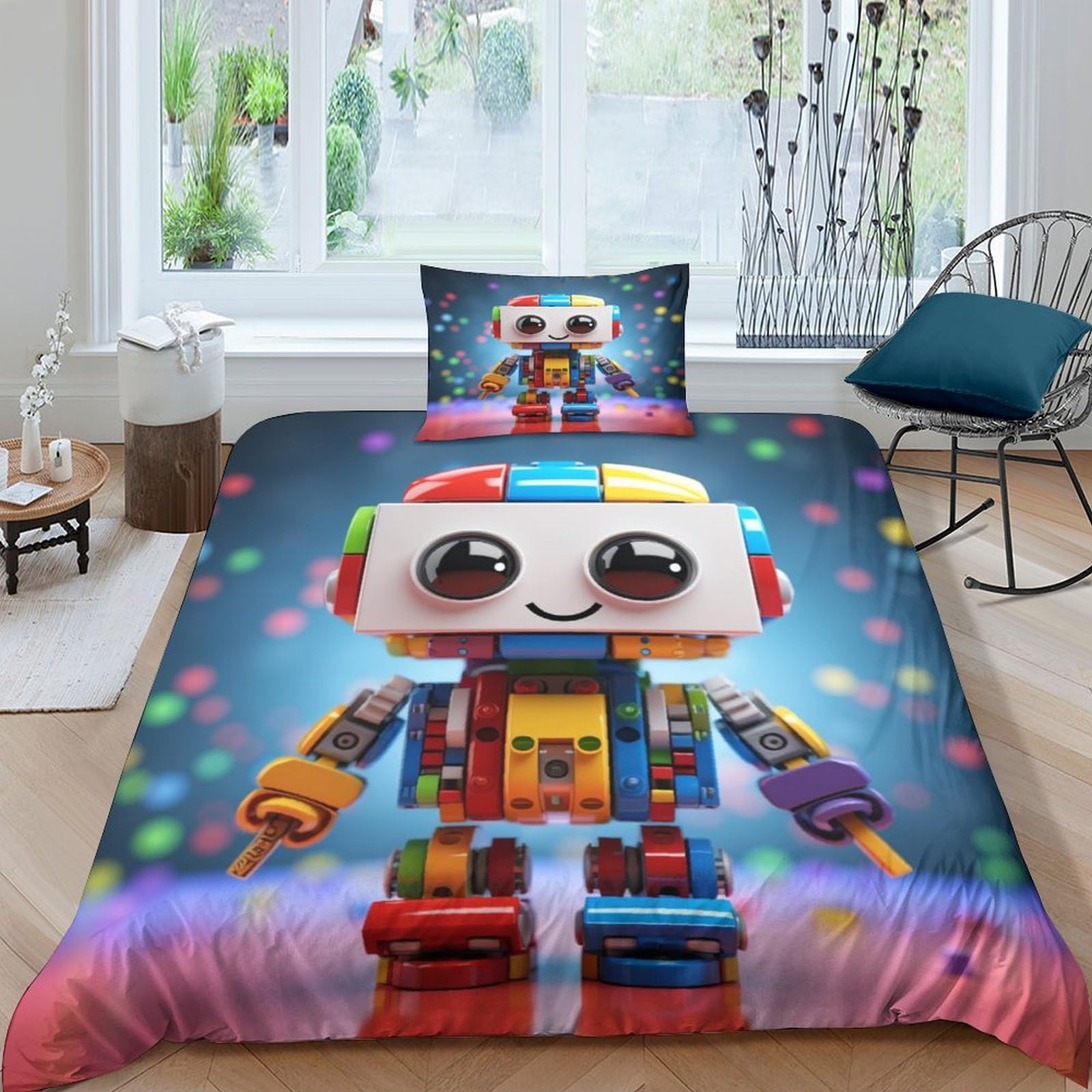BARDYS Cute Robot Hot Choice for Boys，girls Bedding Set with Zipper Closure 3D Printed Comforter Cover Cartoon Duvet Cover Set Soft Microfiber Quilt Cover with Pillowcaser Single（135x200cm）