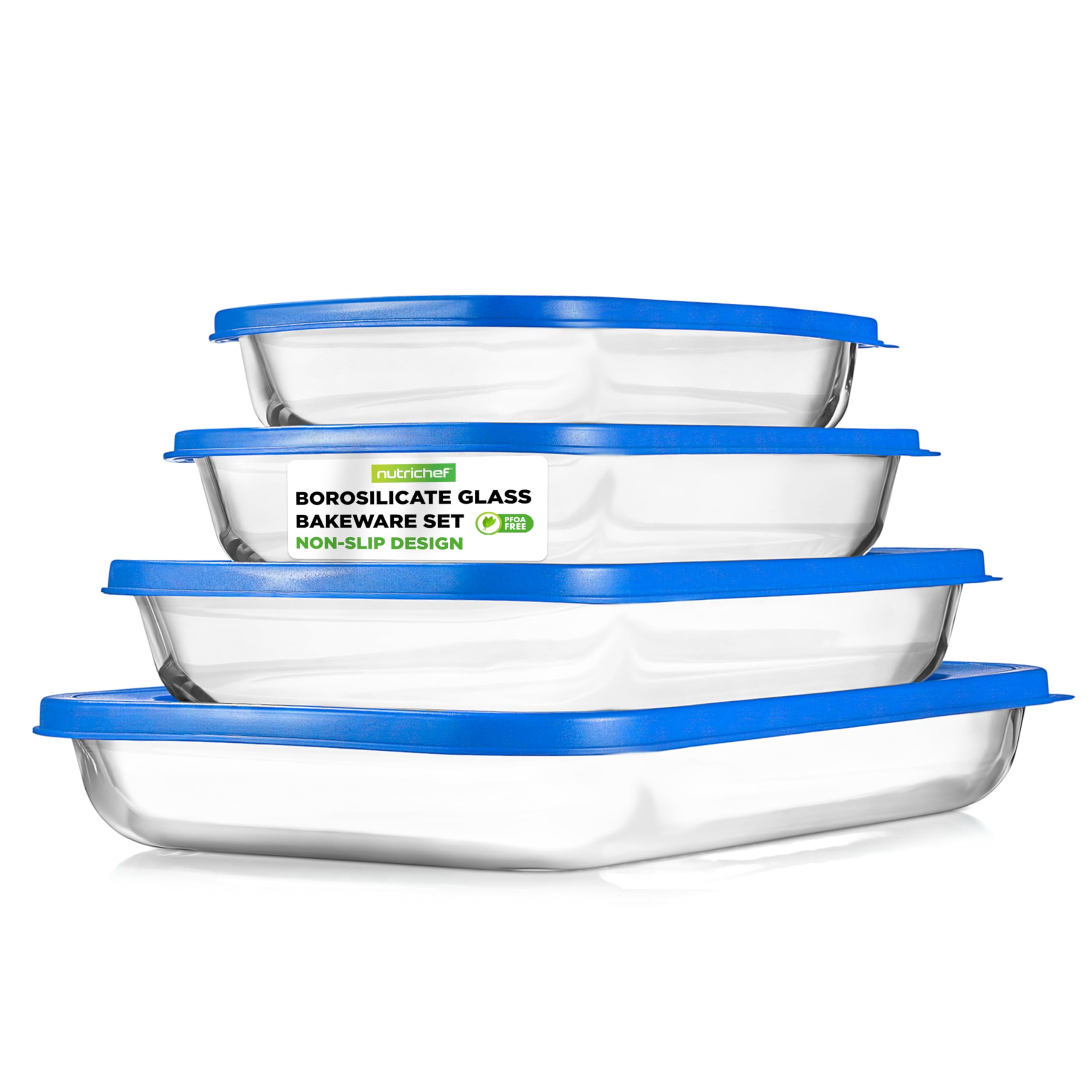 NutriChef 4 Sets Glas-Backformen – hohe Borosilikatglas-Backform mit blauen BPA-freien PE-Deckeln, Gefrierschrank zu Backofen, Küche, Backen, Auflaufform, stapelbar, spülmaschinengeeignet