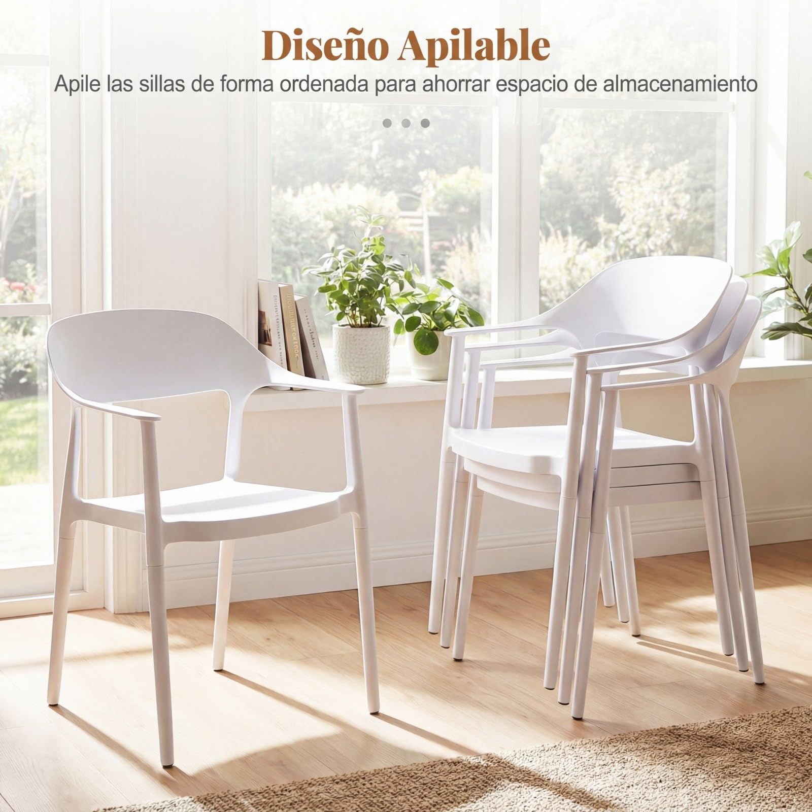 COSTWAY Silla de Cocina Pack 4 de Plástico Reciclado, Sillas de Comedor Apilables con Respaldo Curvado, Apoyabrazos y Asiento Amplio, Sillas Terraza para Exterior e Interior, Salón, Jardín (Blanco,4)
