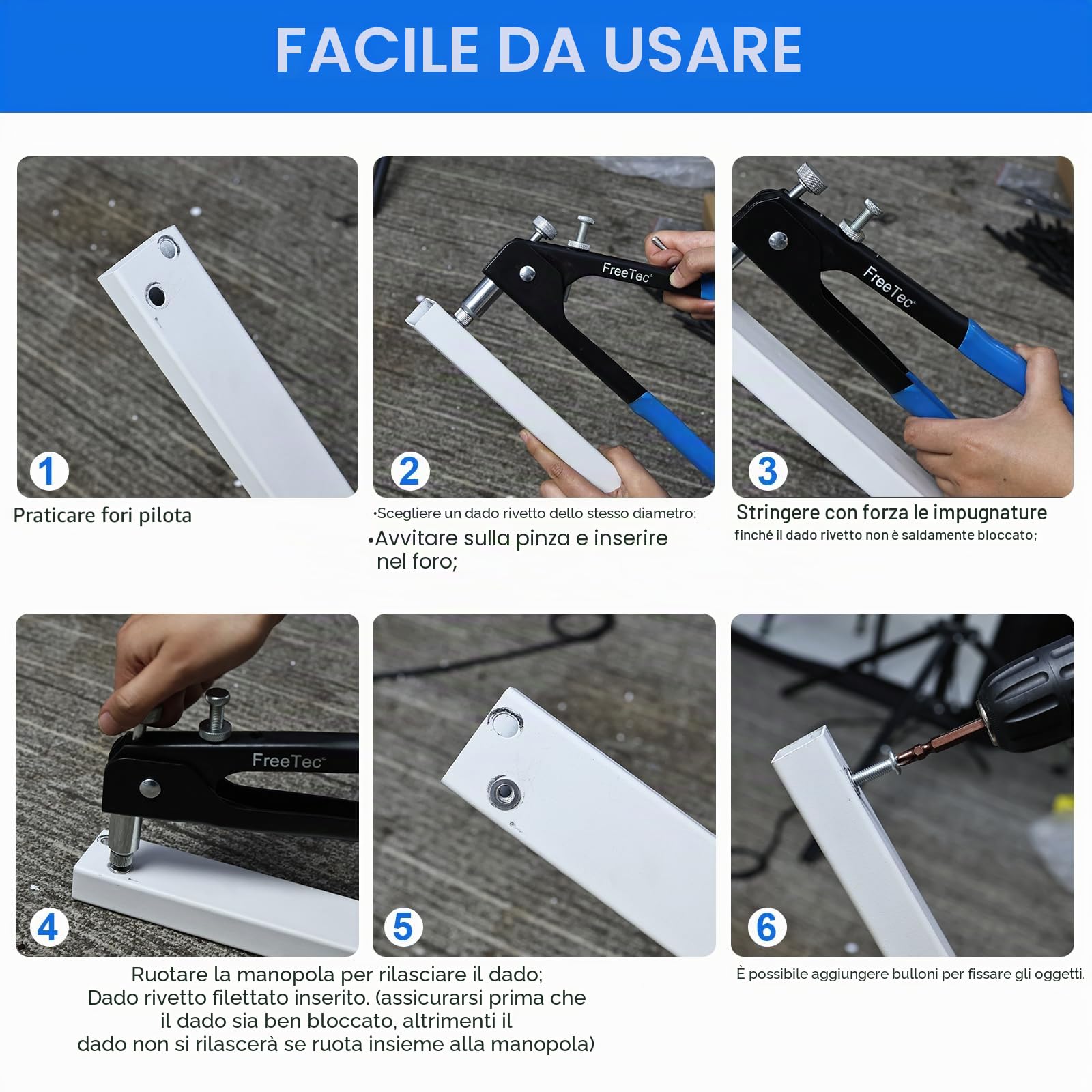 FreeTec 436Pz Rivettatrice per Inserti Filettati, M3 M4 M5 M6 M8 Kit Rivettatrice Manuale Dadi Filettati, Pinza Pistola Rivetti Filettati con Mandrini per Riparazione Mobili Rimorchio Auto Telaio Tubi