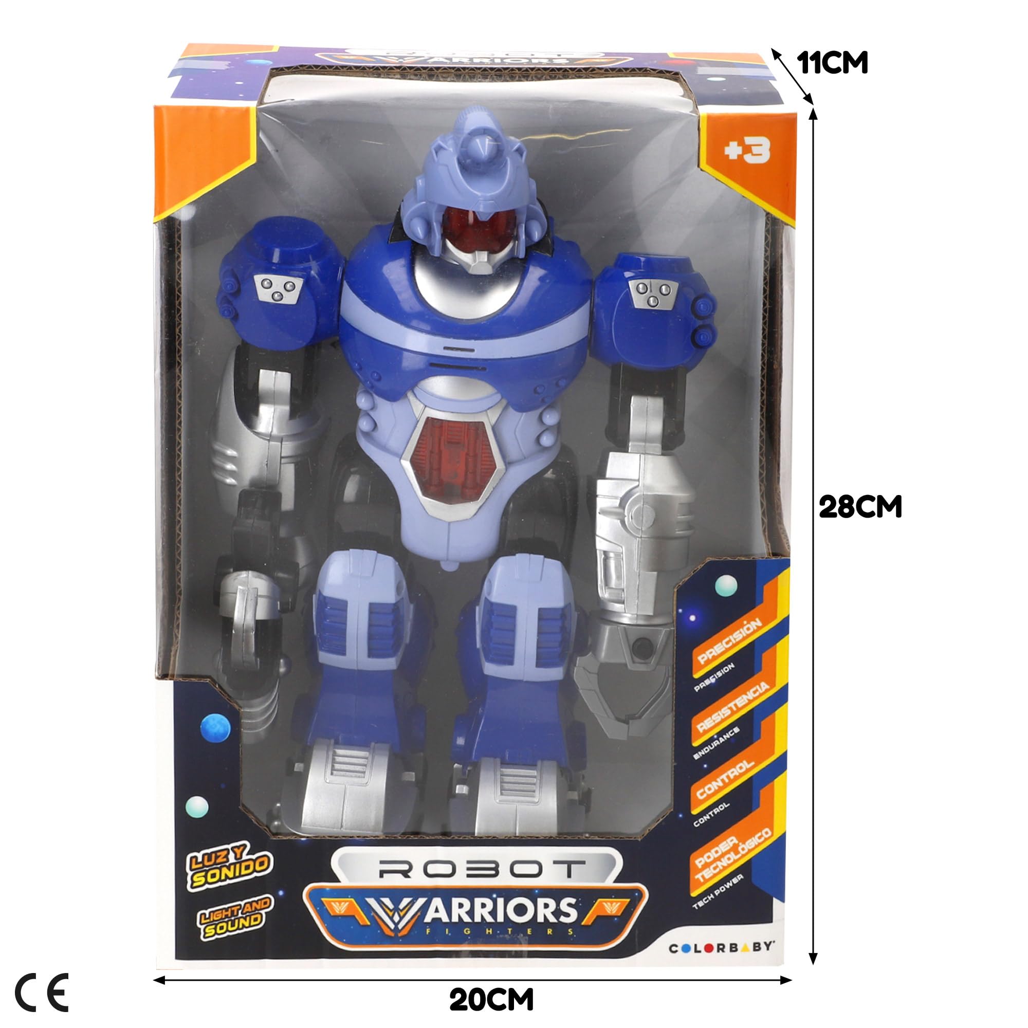 ColorBaby Warriors Robot giocattolo, movimento della testa, braccia e gambe, design futuristico, luci sul petto e sugli occhi, suoni, pistola, pinza snodata, giocattoli bambini 3 anni (39591)