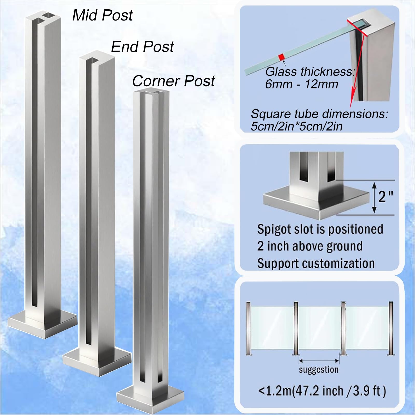 Geländersystem für Balkon und Treppe, Edelstahl, Glas, 100,1 cm, einfache Installation, Poolzaun mit Schlitzen, Basis, silberfarbener Mittelpfosten für Sicherheit und Stil