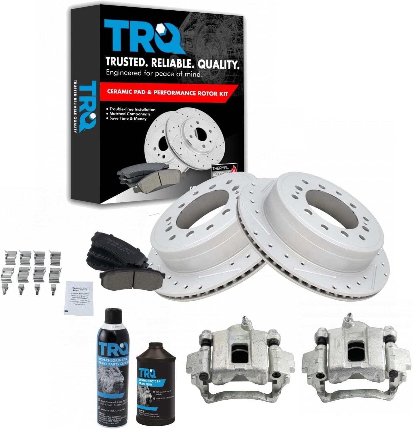 TRQ Rear Performance Brake Pad & Rotor Kit Brake Caliper Brake Chemical Kit Brake Pads Brake Rotors Set Ceramic Compatible with 2010-2020 Lexus GX460 2010-2018 Toyota 4Runner