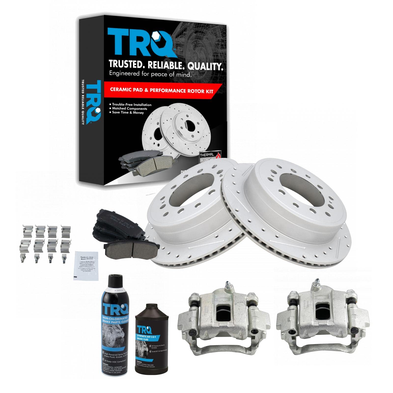 TRQ Rear Brake Calipers Ceramic Pads Drilled Rotors Compatible with