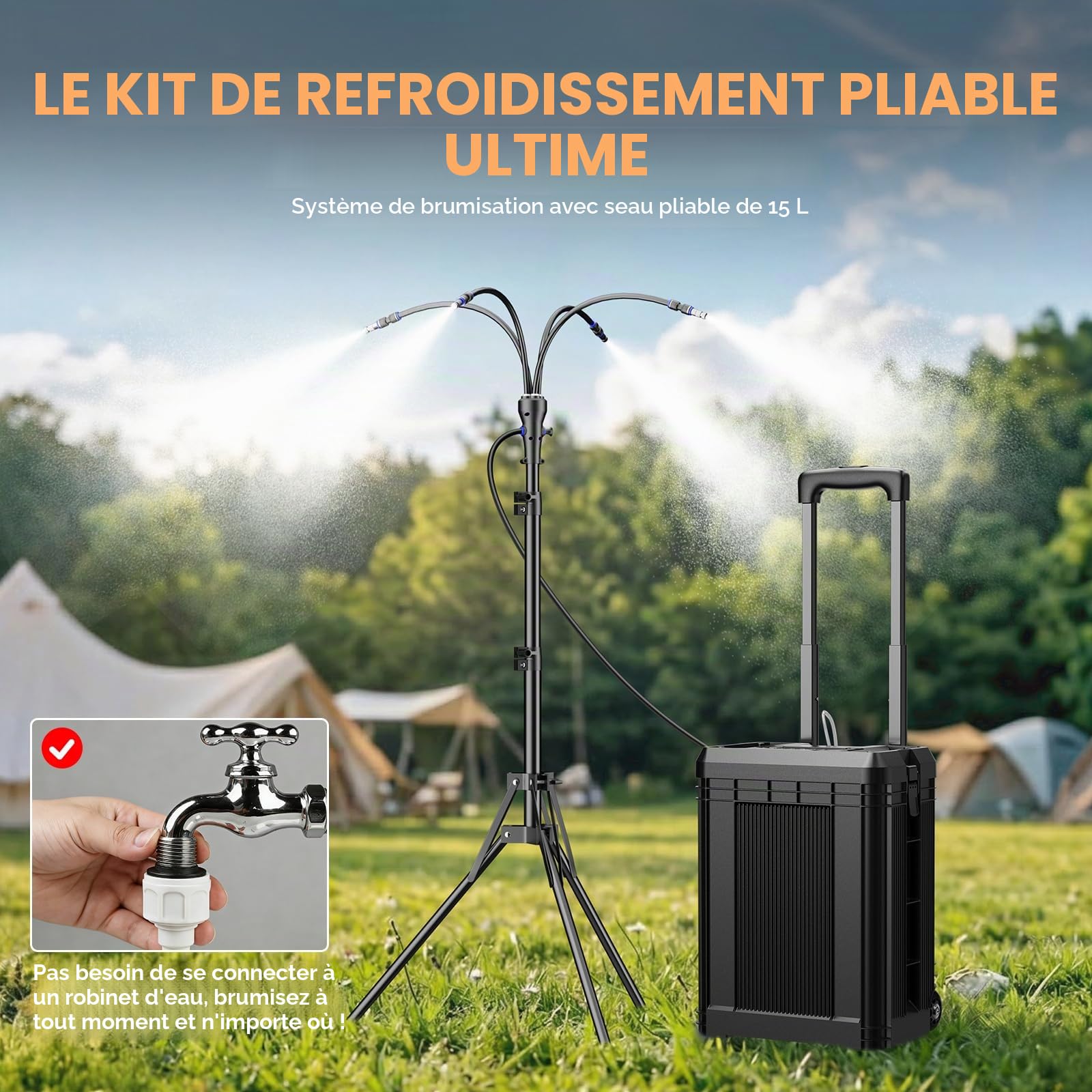 Système de brumisation portable avec seau roulant de 15 L, brumisateur debout alimenté par batterie 10 000 mAh pour terrasse extérieure, réglable en hauteur, ensemble de refroidissement mobile pour