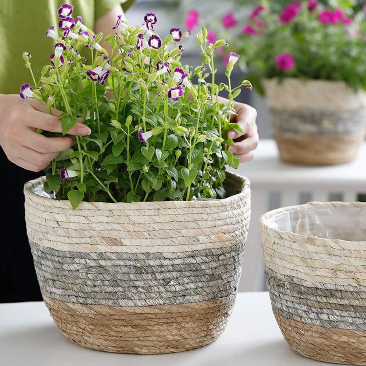 Handgefertigter Strohgeflecht Blumentopf 3 Stück für Topfpflanzen