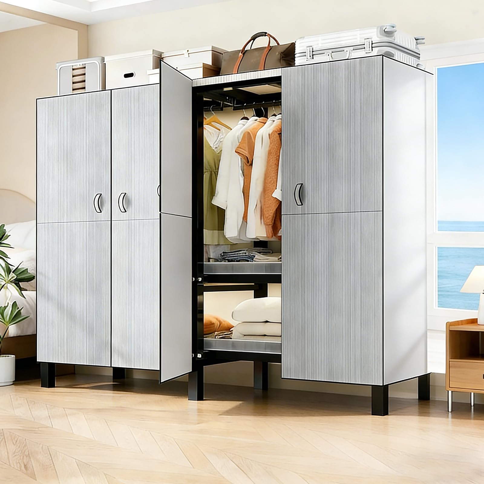 Armario Plegables Portátil, Armarios de Tela con Ruedas y 2 Barras de Colgar, Armario de Tela Almacenamiento Multifuncional de Gran Capacidad, Carga de 907 kg, para Dormitorio (D, gray door, 100cm)