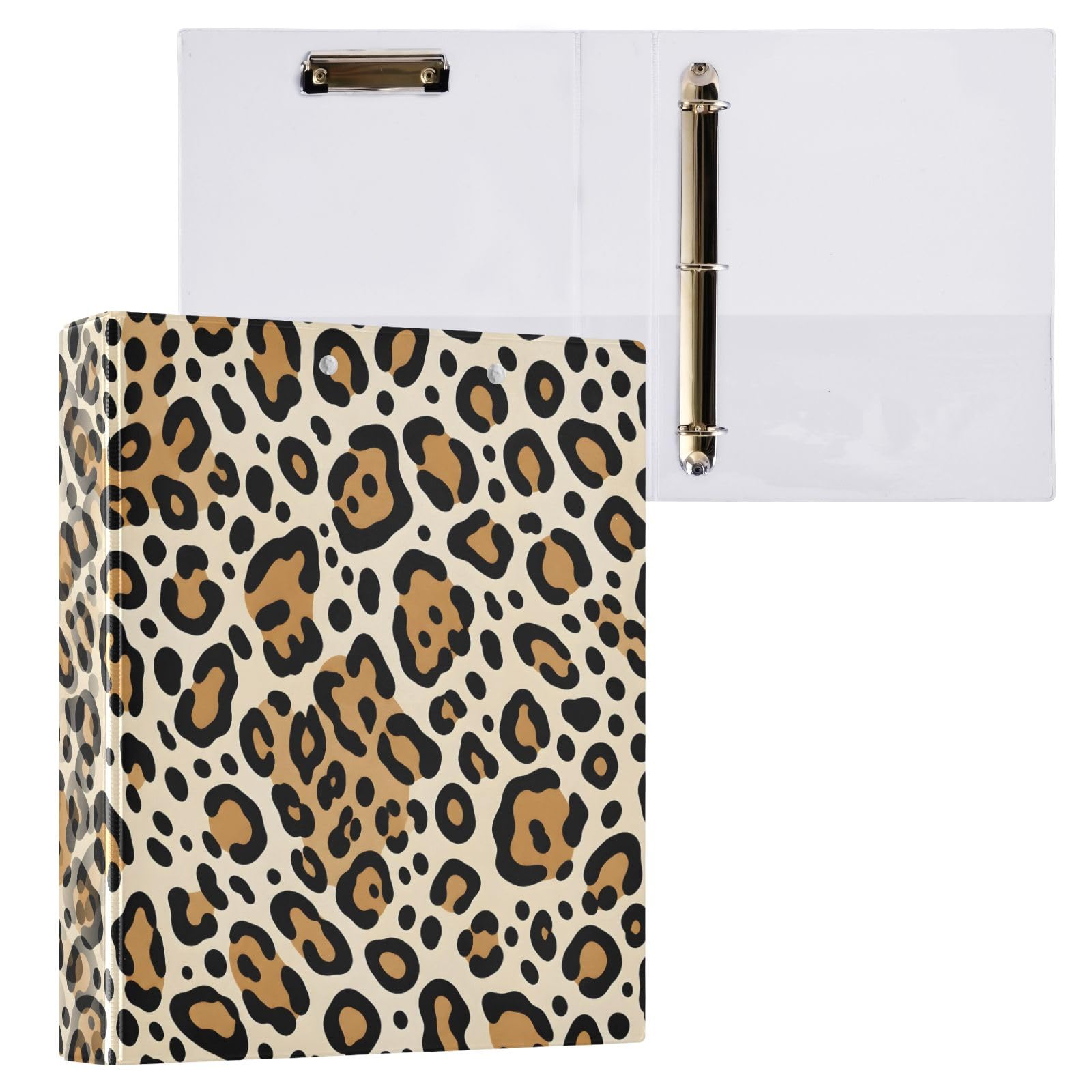 Raccoglitore a 3 anelli con stampa leopardata marrone, 3,8 cm, anelli rotondi per 200 fogli, 3 raccoglitori ad anelli con clip in metallo antiscivolo