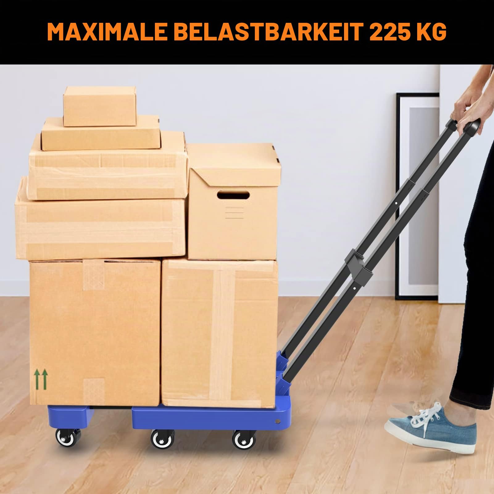 Ronlap Transportkarre Klappbar inkl. 2 Expanderseilen, Faltbar Transportwagen - Tragkraft 225KG Gepäckwagen Lagerwagen mit 6 Räder, Transporthilfer Blau