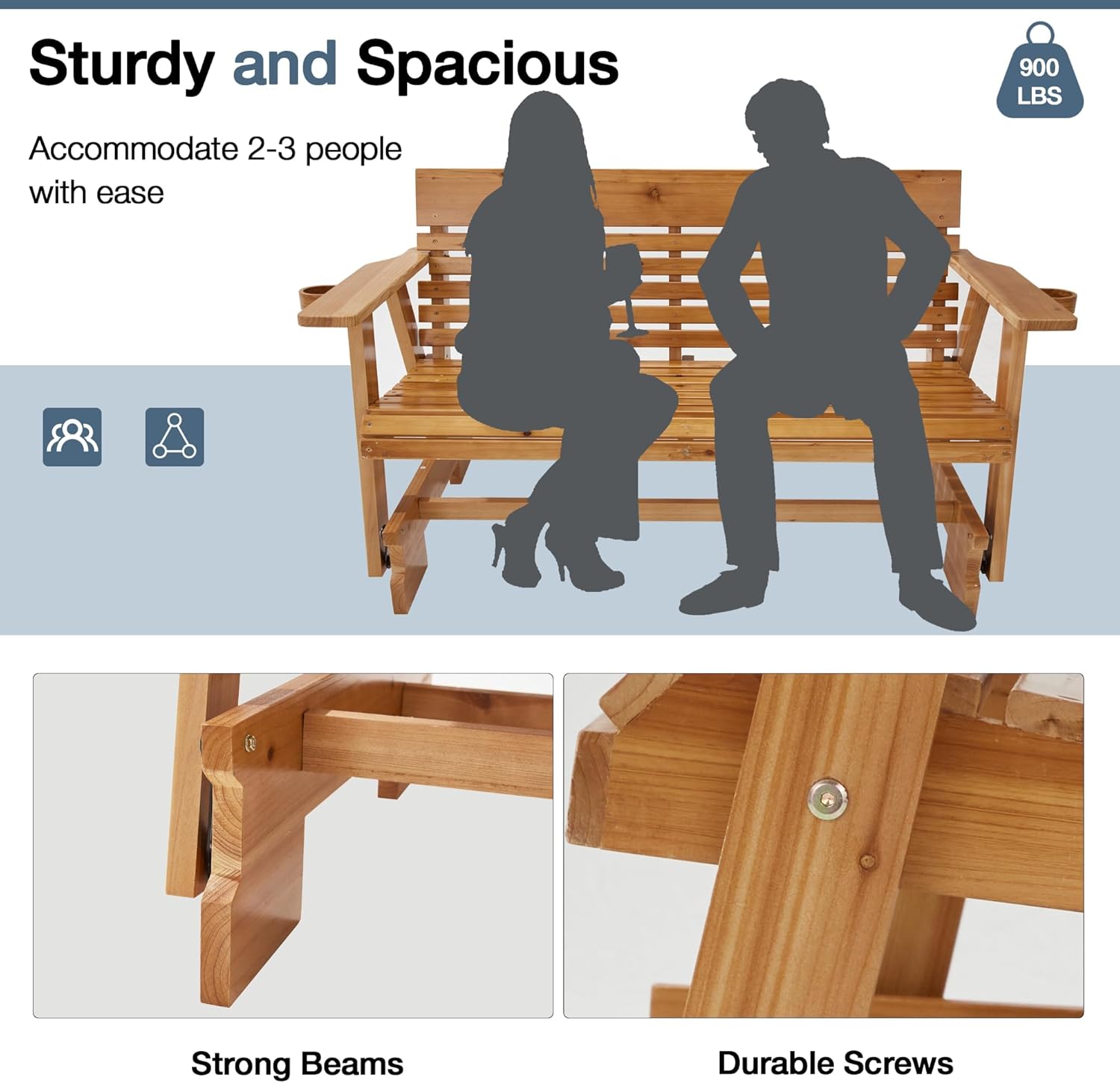HOMREST Wooden Patio Glider Bench with Cup Holders, Heavy Duty 900LBS Outdoor Loveseat Glider with Ergonomic Deep Contoured Seat and High Roll Back for Garden Porch Balcony (4Ft 2-Seater, Brown)