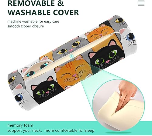 Miniatura 3 de Cute Cats Gray White Bolster Pillow for Bed Yoga Neck Roll Pillow Small Round Pillows for Lumbar Support for Bed Cylinder Memory Foam Pillow