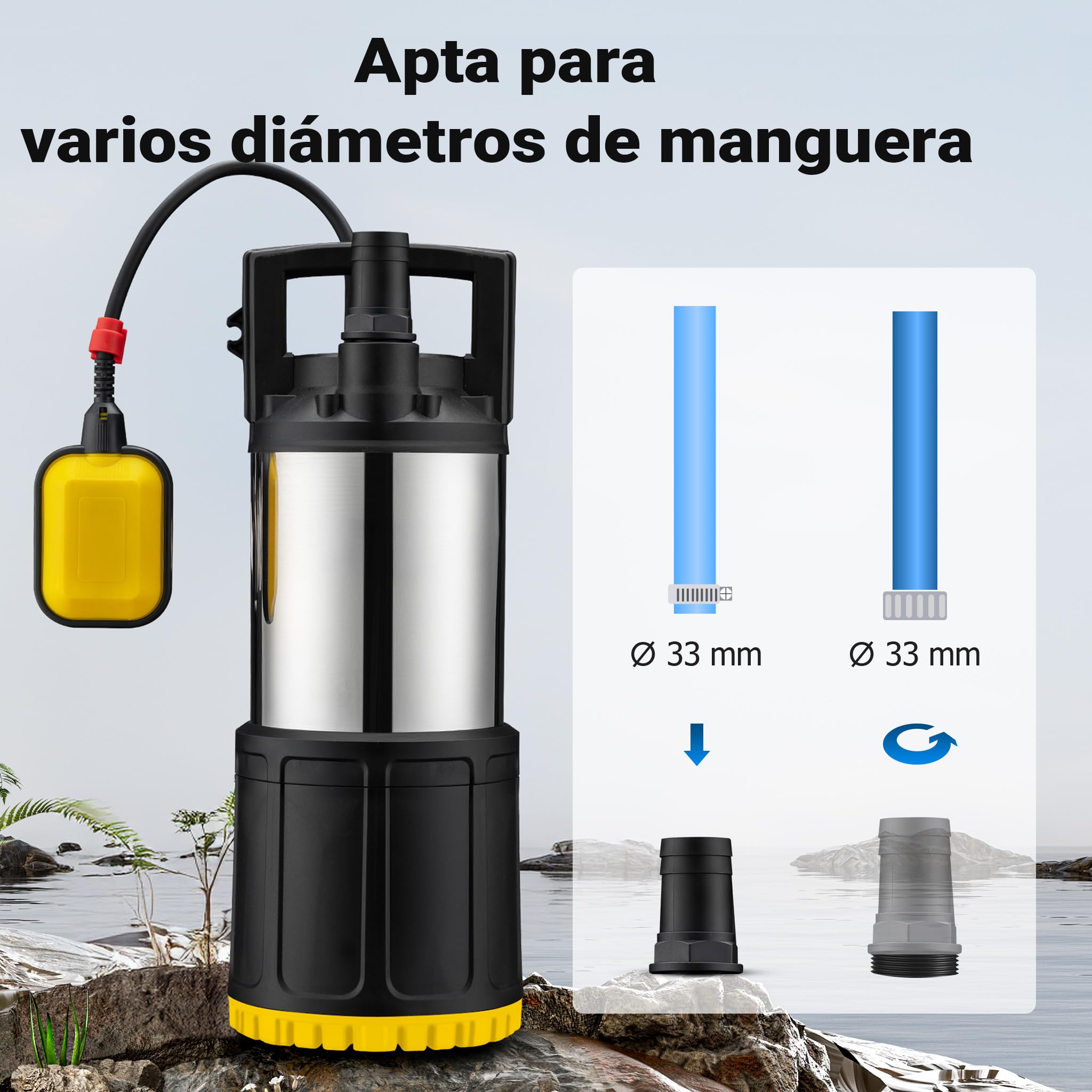 Bomba de agua sumergible Wiltec 1200 W 6000 l/h 40 m, inmersión 7 m, interruptor flotador, PPO acero inoxidable