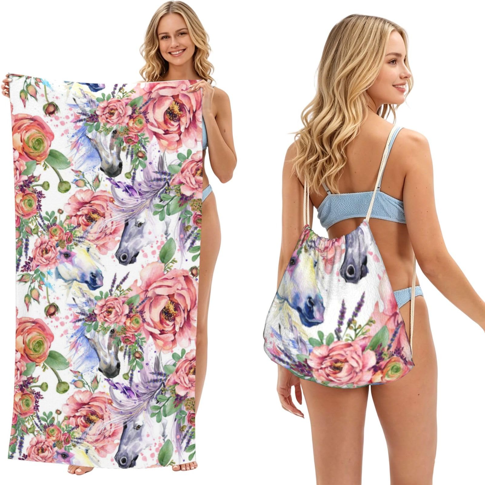 Poadnly As Picture Watercolor Horse Roses Flowers, 2 In 1 Packable Towel Bag, Beach Towels With Drawstring Backpack For Travel Holiday Camping
