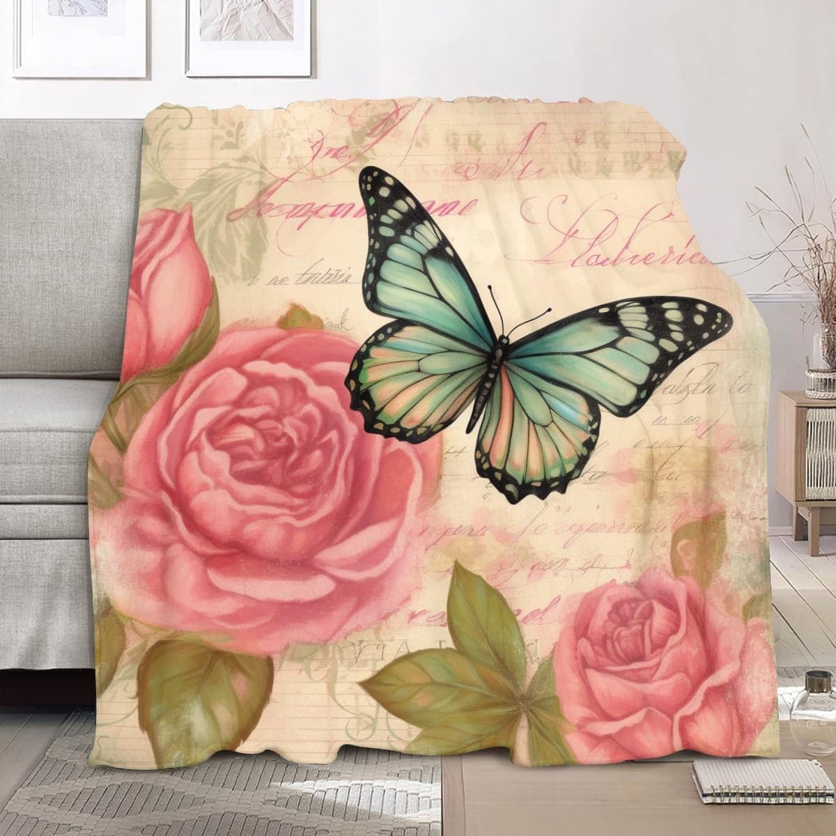 Kuscheldecke Flauschig - Wolldecke & Fleecedecke Flanell Sofadecke Romantische Schmetterlinge Und Blumen Weiche Warme Sherpa Decke 150x200cm Rosa für Zimmer Deko, Couch Und Bett Plüsch Blanket