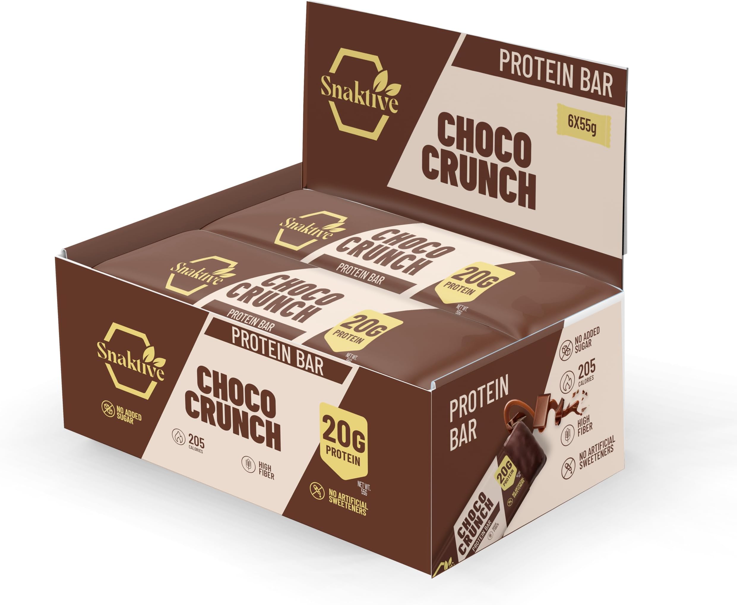 Choco Crunch Protein Bar, High Protein and High Fiber Natural Clean Bar, 6x55G Crunchy Bars, Pre & Probiotics (6 Protein Bars, Chocolate)