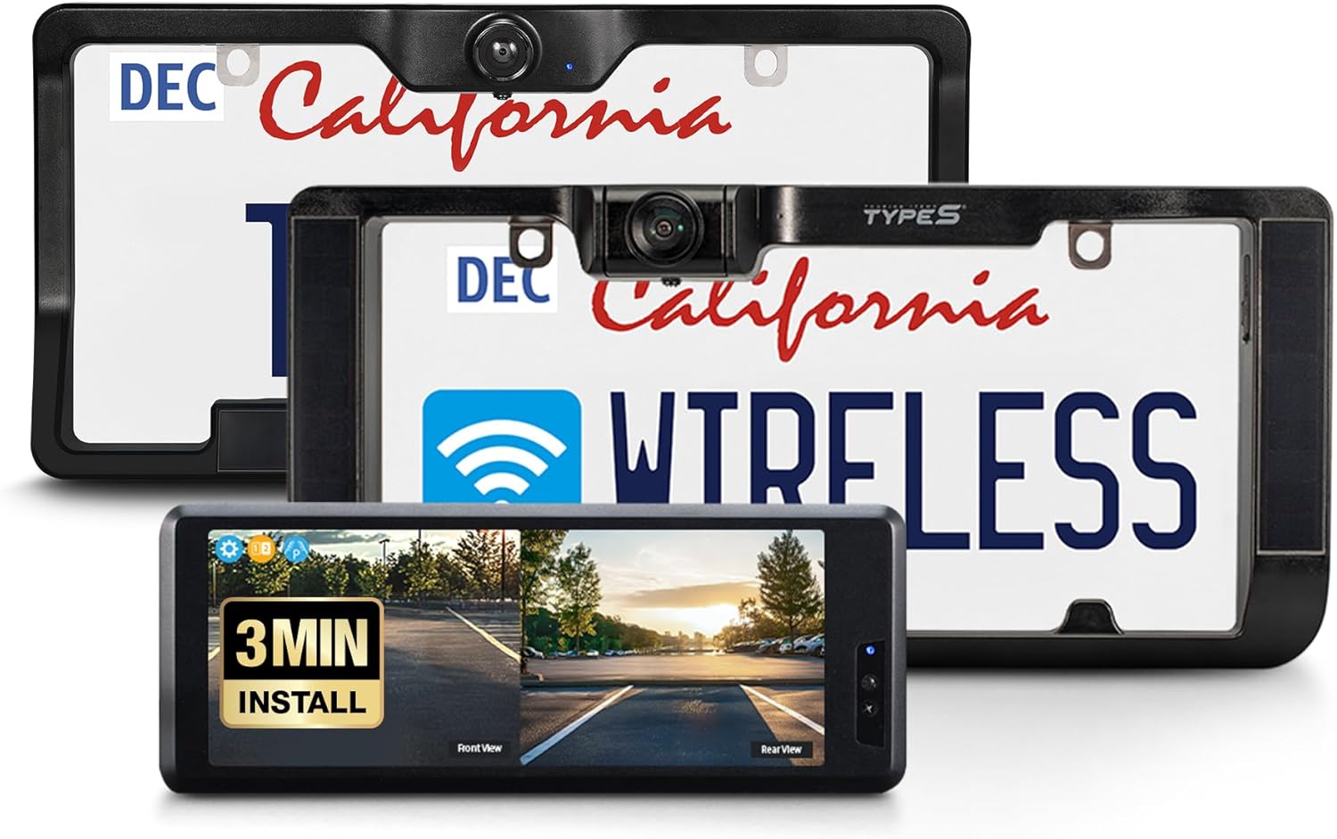 Type S Solar Powered Parking Assistant Set with Wireless Dual Backup Cams, 6.8'' Touchscreen Monitor, 720p HD Resolution, Enhanced Night Vision, Wide View Angle, Self-Charging, No Hardwire