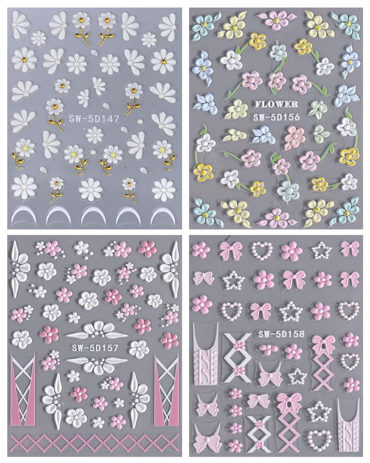 JMEOWIO 3D Nagelsticker Blumen French Tip – Selbstklebende Nail Art Sticker, 4 Blätter