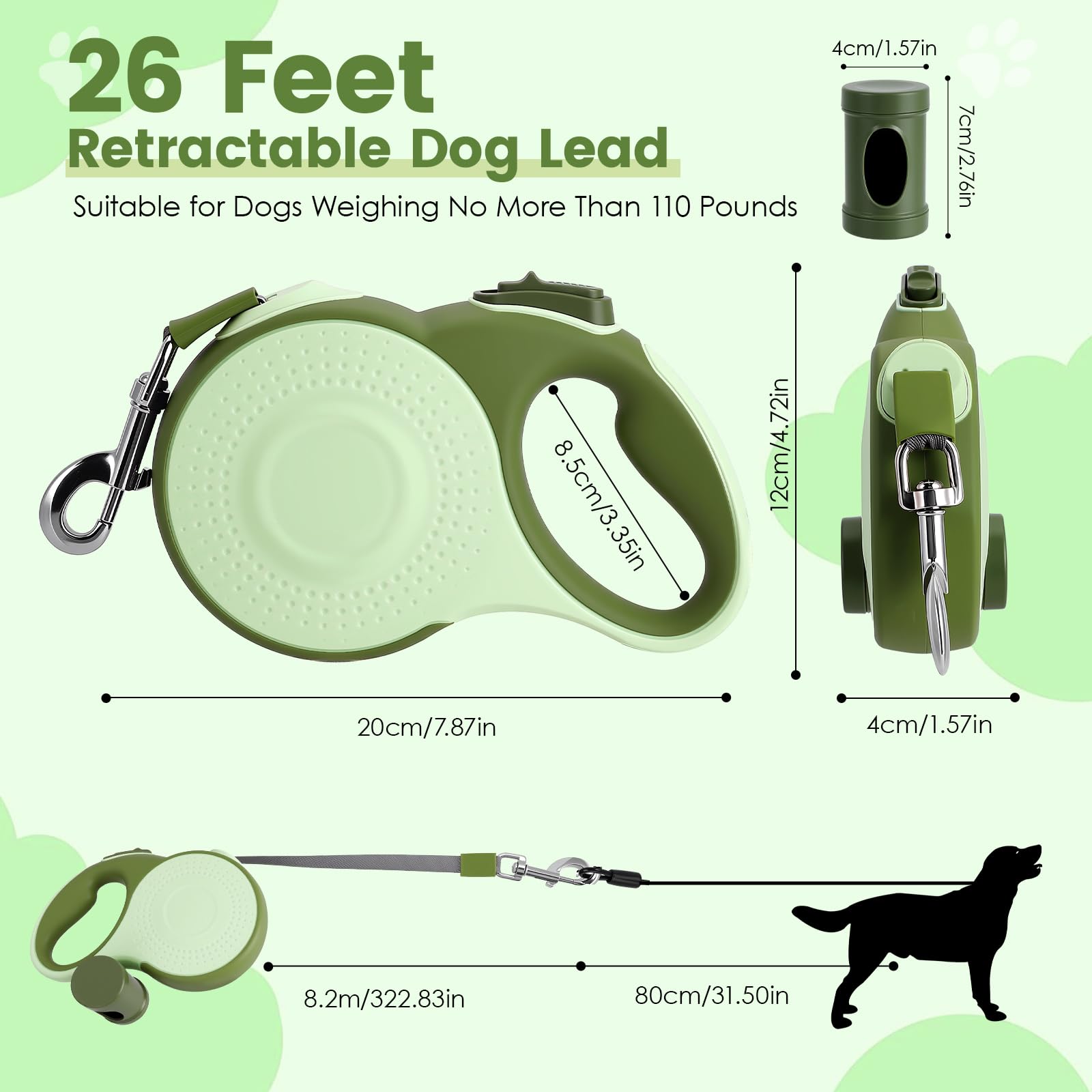 Einziehbare Hundeleine 9m, Rollleine für Hunde bis 50kg, Hundeleine mit Stahlseil & Kotbeutelhalter, Retractable Leine Anti-Verdreh Design für Training, Wald, Strand