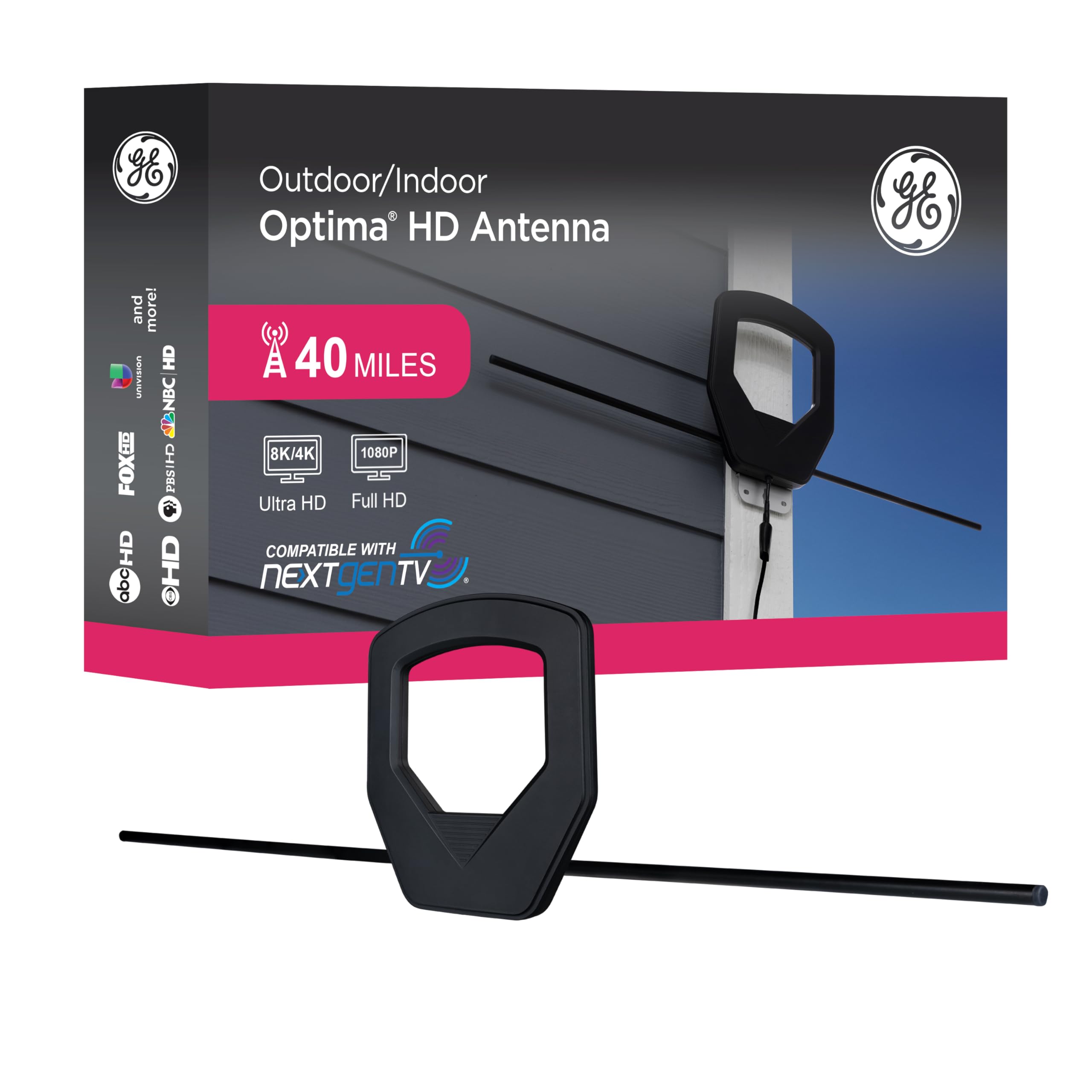 GE UltraPro Optima Outdoor HD Antenna, 40 Mile Range, 4K/8K Ultra HD, NEXTGEN TV Ready, Weatherproof, Attic or Outdoor Mount, Free Local Channels,