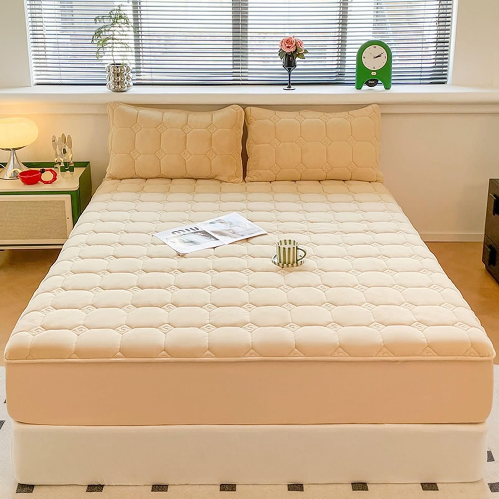 Juego de 3 Piezas Sábanas Terciopelo Poliéster Bajera, Color Sólido con Patrón Geométrico, 200 x 220 CM + 2 Fundas de Almohada, Bajera Ajustable Caqui Claro