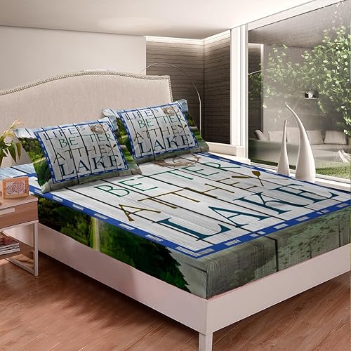 Miniatura 3 de Juego de ropa de cama de pesca en el lago, tamaño Queen para niños, adultos y hombres, juego de sábanas rústicas de madera de granja Life Is Better