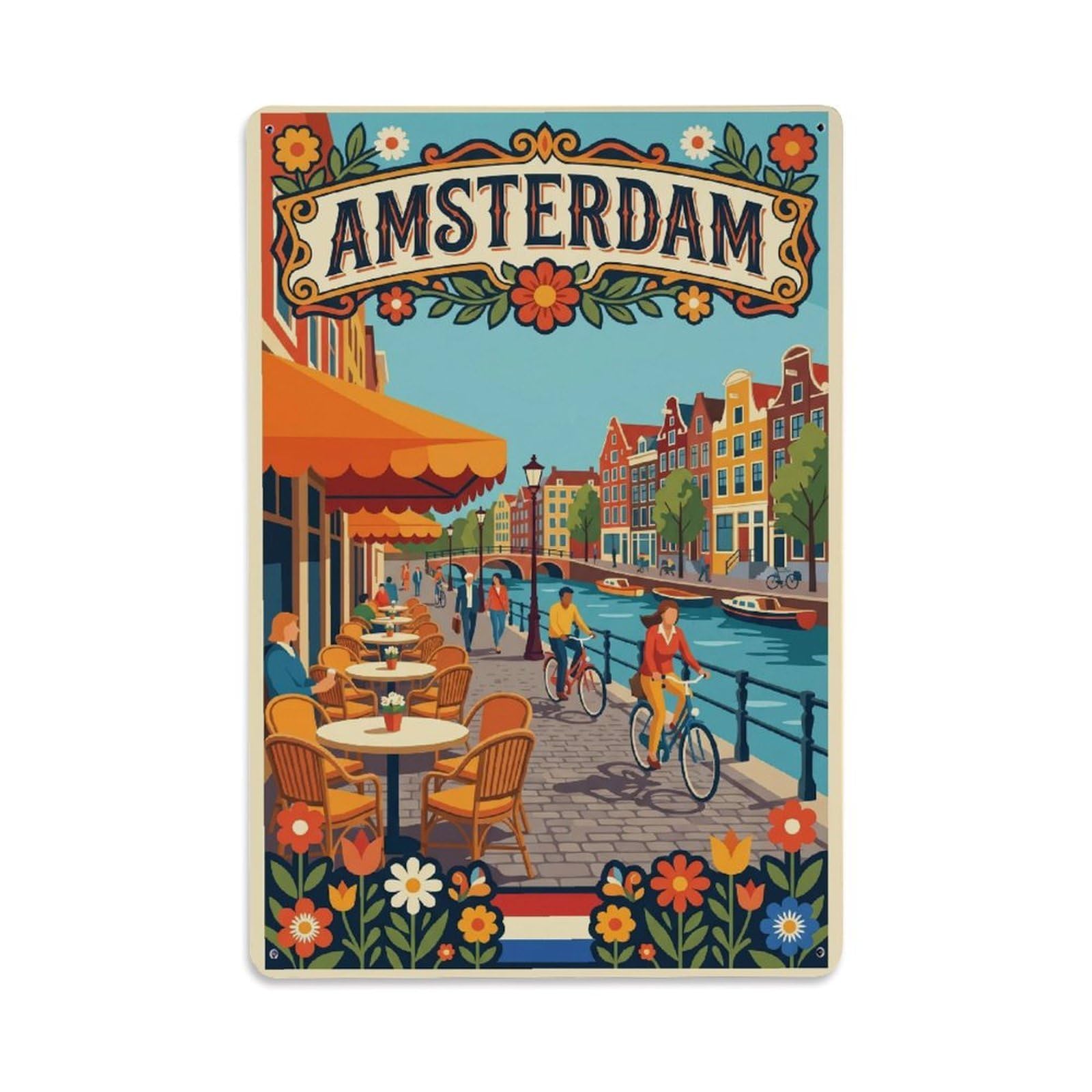 Okngb Style Vintage Coffeehouse Terrace Amsterdam City Travel Canal Metal Tin Sign Plaque Wall Decor For Cafe, Man Cave, Club Bar, Office, Home Garden Round Metal Poster 8X12inch