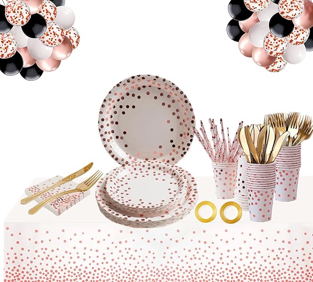 Rose Gold Birthday Party Tableware Set,Party Supplies Including Paper Plate,Paper Cups,Napkins and Paper Straws for Birthday Party,Dinnerware Set for 16 Guests