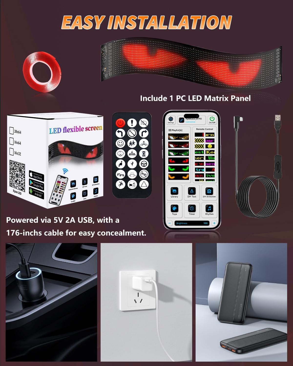 Upgrade Devil Eyes Light, LED Matrix Panel, 14.7''x3.6'' Full Color Big Eye Flex Signs for Windshield, Programmable LED Display for Car, Scrolling Led Light Sign for Car Window, 1 PC