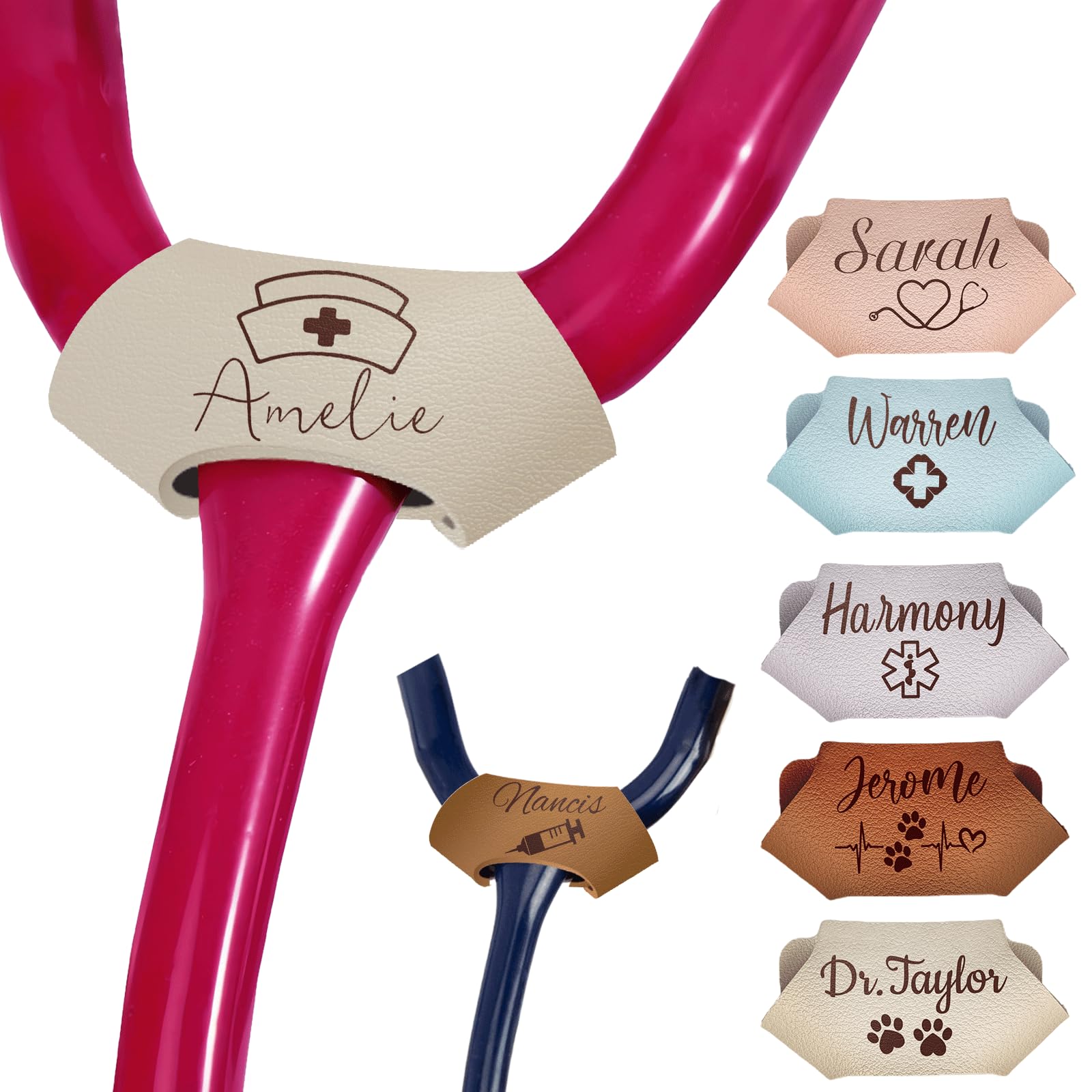 Nurses Week Gift-Stethoscope Name Tag Personalized Custom Stethoscope Id Tag Leather Stethoscope Name Charm Accessories for Nurse Doctor Medical Assistant-Beige