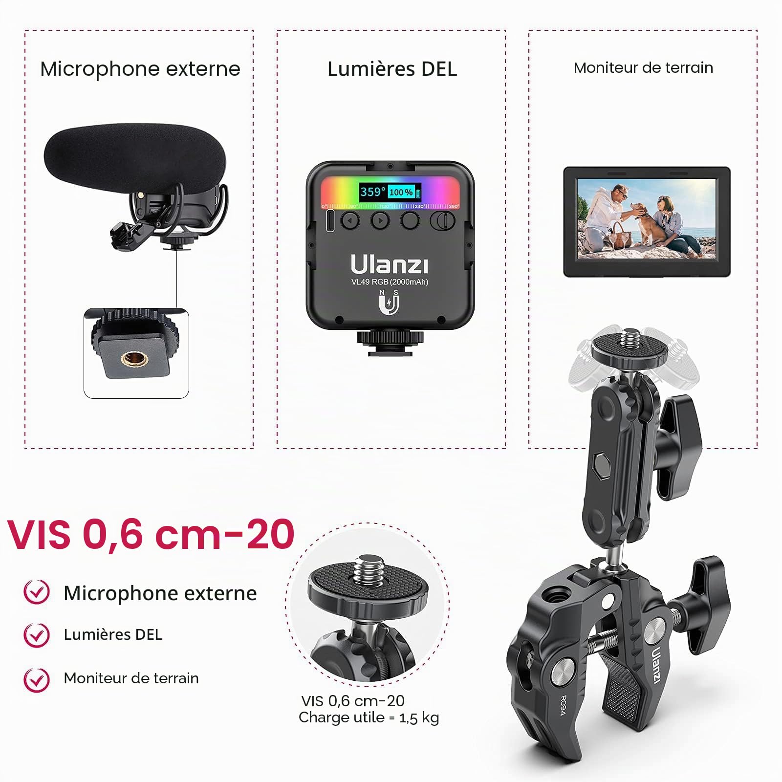 ULANZI R094 Super Pince Crabe avec Double rotule 360°, Bras Magique avec Filetage 1/4"-20 et 3/8"-16, Fixation pour caméras, éclairages vidéo LED et systèmes de stabilisation (Ronin-M/MX, MOVI)