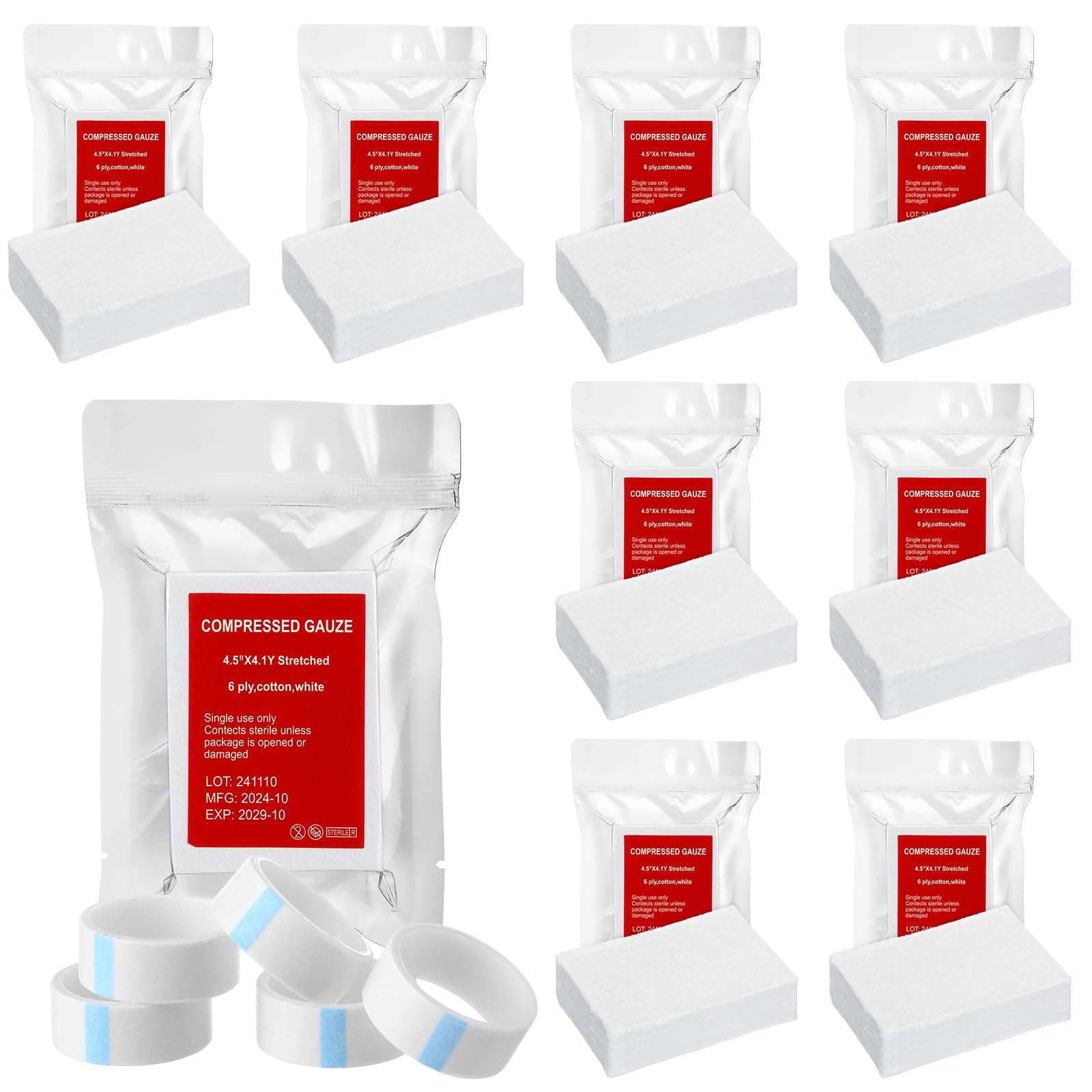 Threlaco Garza sterile piegata a Z, 11,4 cm x 4,1 m, garza compressa per traumi, 100% cotone, 6 strati di cotone bianco per medicazioni di emergenza, kit di pronto soccorso e traumi