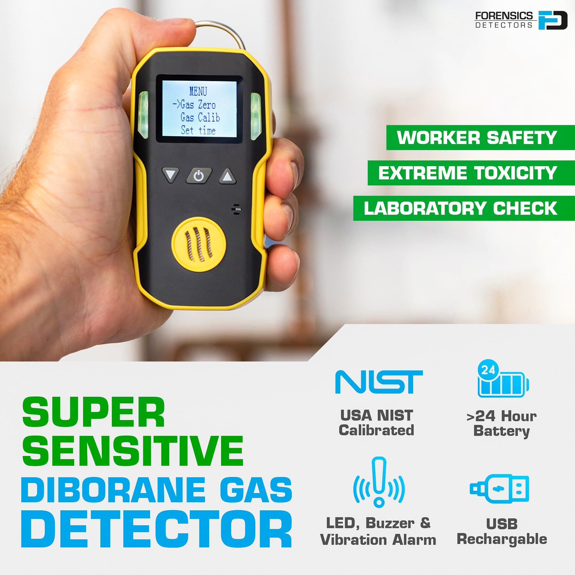 Detector de Gas Diborano (B2H6) | Certificado de Calibración EU | Recarga USB | Alarmas Sonoras, Luminosas y por Vibración | 0–5 ppm B2H6