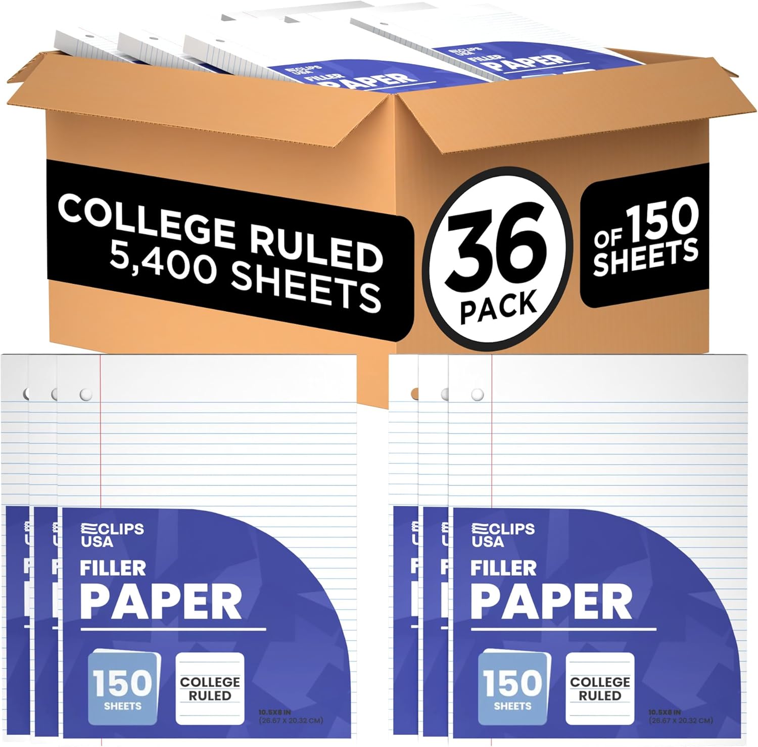 Loose Leaf Paper College Ruled Notebook Paper College Ruled Lined Writing Filler Paper 10.5” x 8” 1800 Sheets 150 Sheets Per Pack 60 gsm (12 Pack)