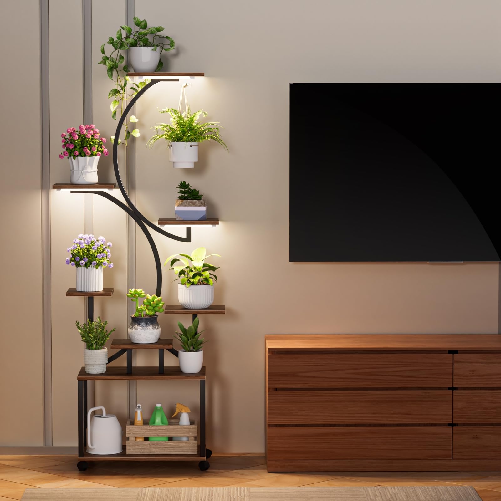 Soporte de planta en forma de árbol de 8 niveles, portaollas interior con 78 luces de cultivo LED, ruedas con cerradura de 360 ° y función de sincronización USB, estante de exhibición marrón