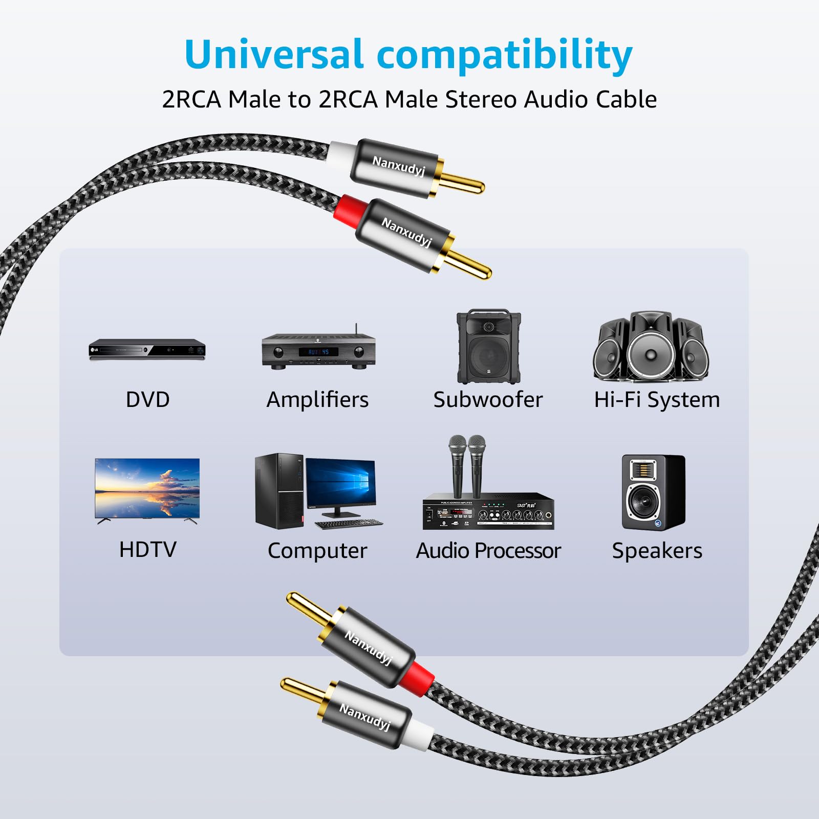 Cinch-Kabel, 6 m, 2 Cinch-Stecker auf 2 Cinch-Stecker, Audio-Stereo-Kabel, vergoldet, Nylon-ummantelt, doppelt geschirmt, AUX-Audio-Subwoofer-Adapterkabel für Heimkino, Verstärker,