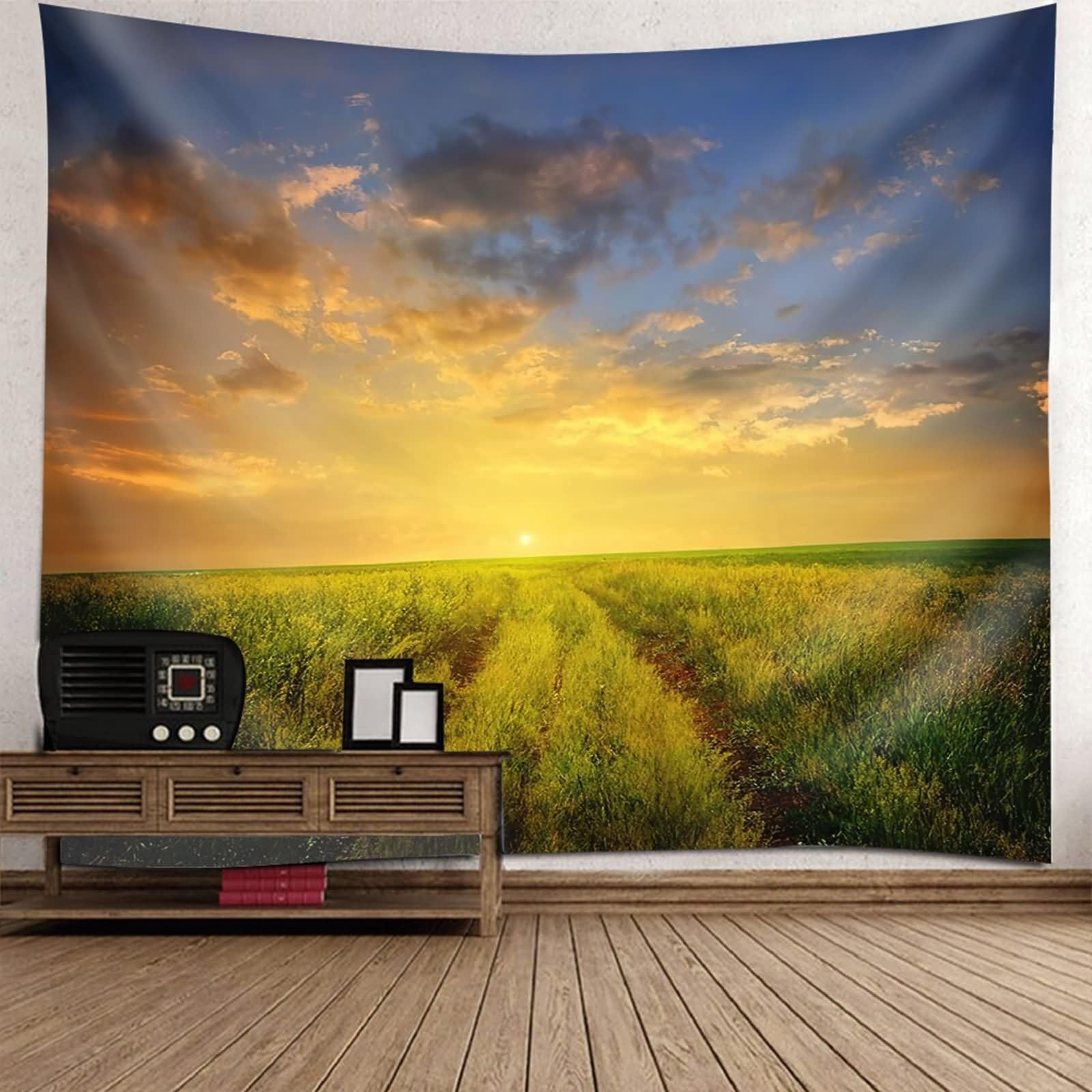 Homxi Tapiz Decorativo Sofá 260 x 240 CM,Paisaje de Césped y Atardecer Poliester Tapices de Pared Dormitorio Amarillo Verde