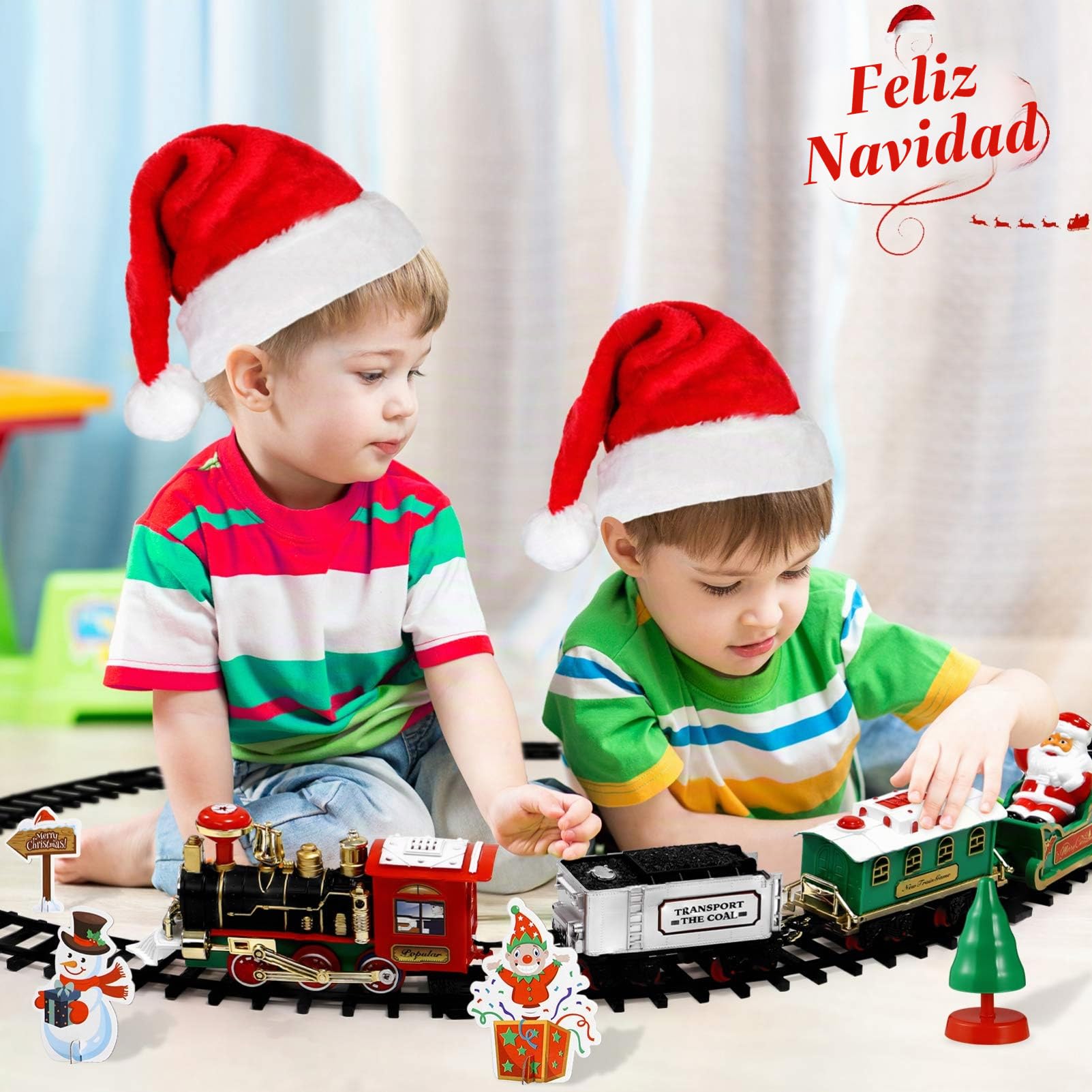 TOYANDONA Juego de Juguetes de Tren Navideño Juego de Tren de Juguete Que Funciona con Pilas con Luz Y Sonido Incluye Carro Carbón Vías Santa Claus Árbol de Navidad Adhesivo Decorativo