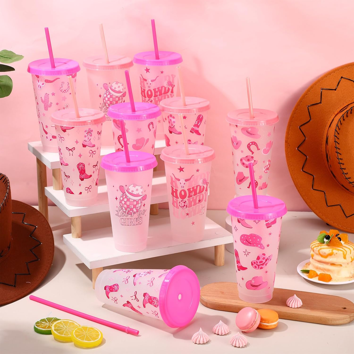 12 Pcs Western Pink Cowgirl Plastic Cups 24 oz Reusable Glitter Tumbler with Lids and Straws Disco Drinking Juice Cups for Western Party Favors Wedding Birthday Bachelorette Party Supplies - Image 6