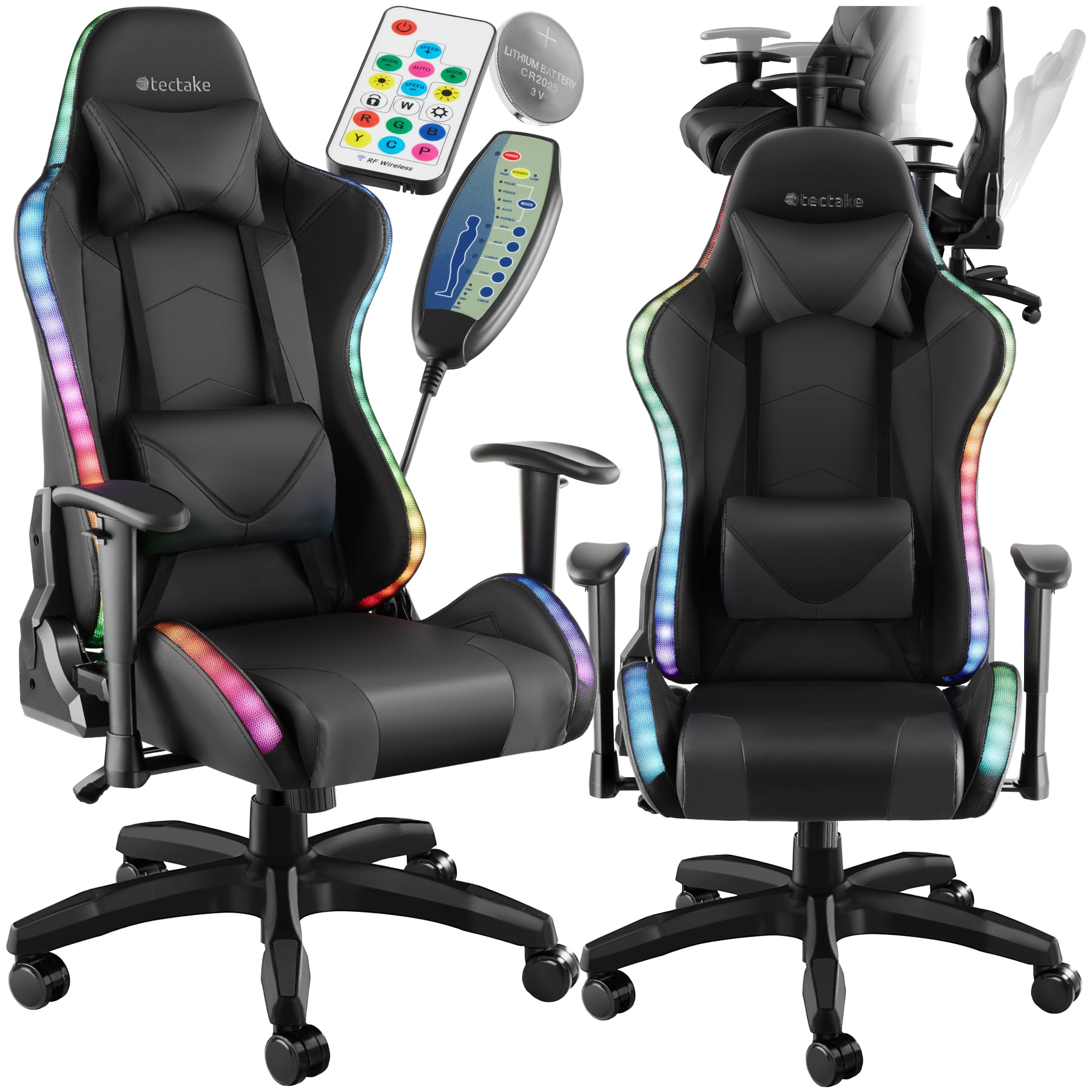TecTake® Silla Gaming, Silla de Oficina Ergonómica con Función Masaje, Iluminación LED, Respaldo y Reposabrazos Ajustables, Silla Giratoria Reclinable, Silla para Escritorio y Gaming - Negro/Negro