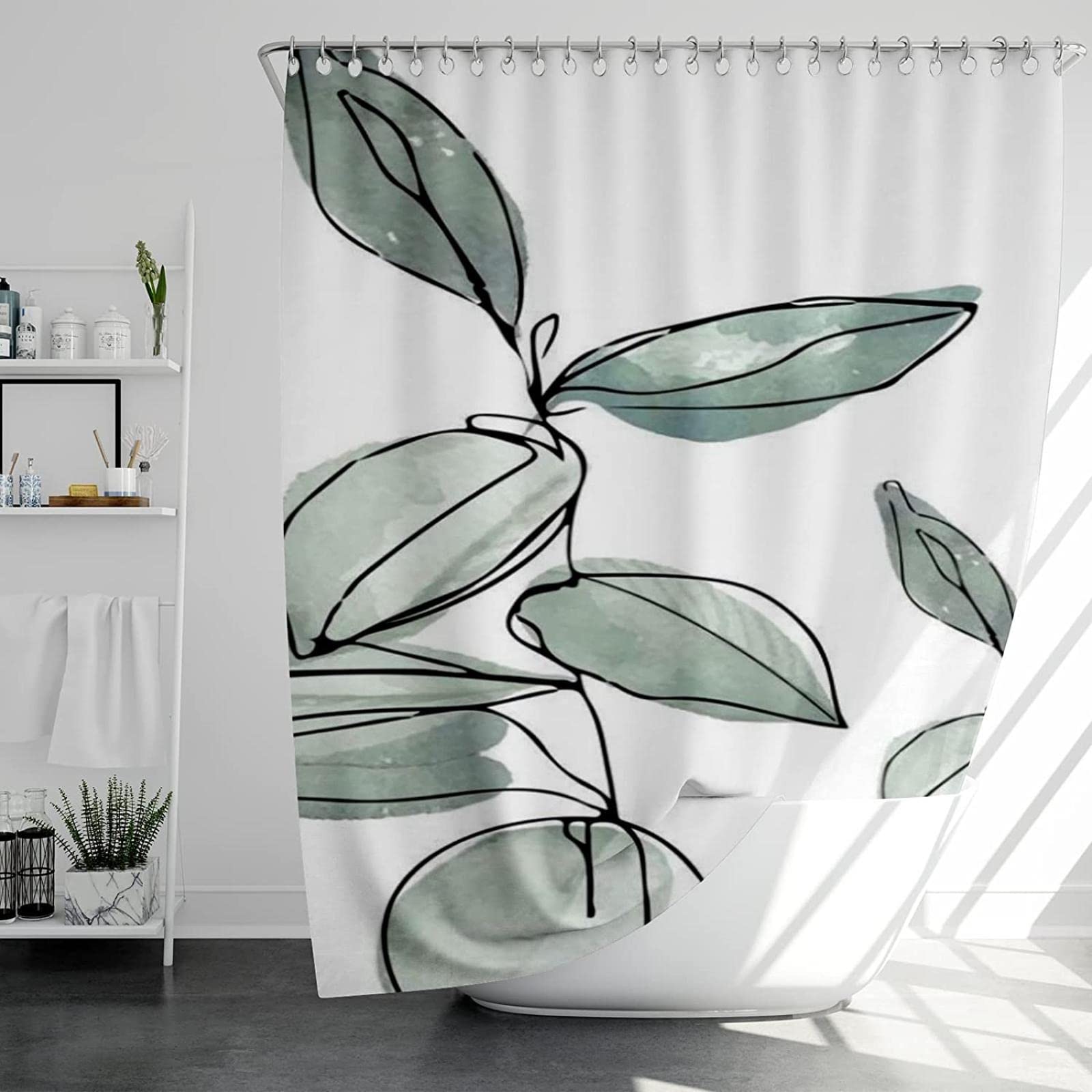 Rideau Douche Anti Moisissure, Plante Vert Gris Rideau de Douche Tissu mperméable Lavable Anti Moisissure Rideaux de Douche Polyester avec 12 Crochets 220x180cm/WxL