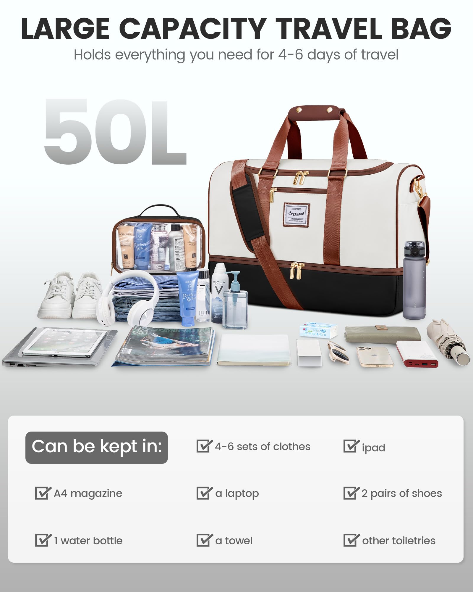 LOVEVOOK Weekender Groß Reisetasche, 50L Travel Duffle Bag Reisetaschen mit Kulturtasche, Schuhfach & Nassfach, Wasserdicht Sporttasche Gym Yoga Bag, Handgepäck Tasche für Sport Reise Flugzeug