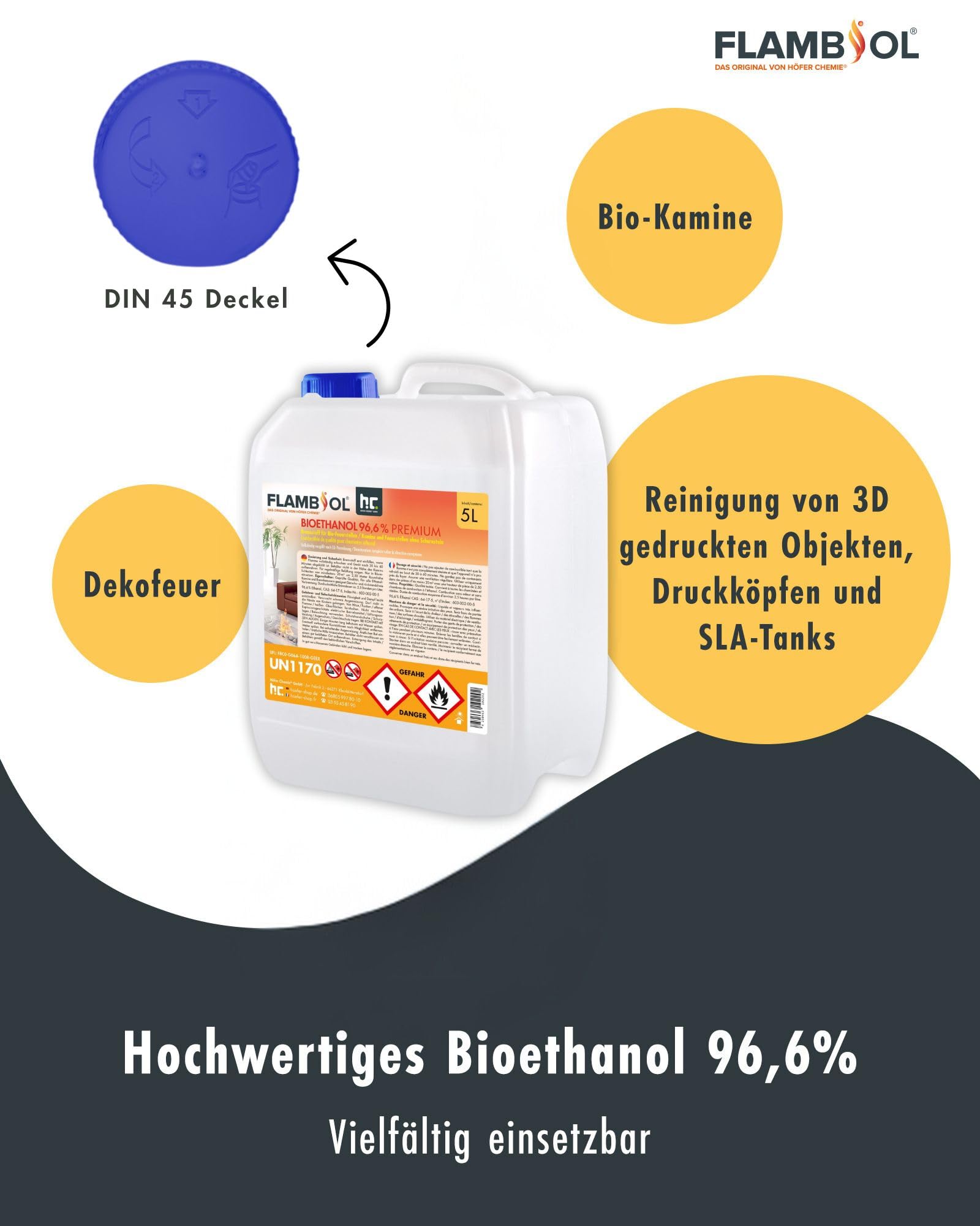 Höfer Chemie 2 x 5 L (10 Liter) FLAMBIOL® Bioethanol 96,6% Premium für Ethanol Kamin, Ethanol Feuerstelle, Ethanol Tischfeuer und Bioethanol Kamin