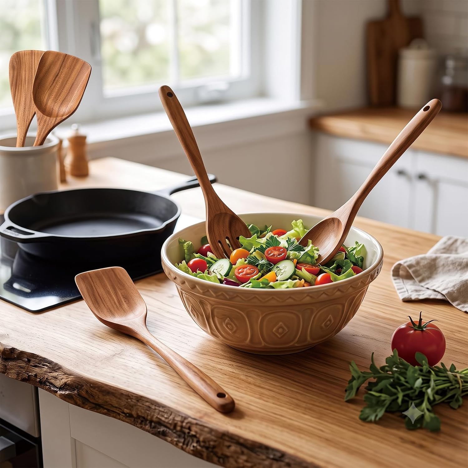 Acacia Wood Kitchen Utensil Set, 6-Piece Wooden Cooking Utensils for Nonstick Cookware, Natural Wooden Spoons & Spatulas